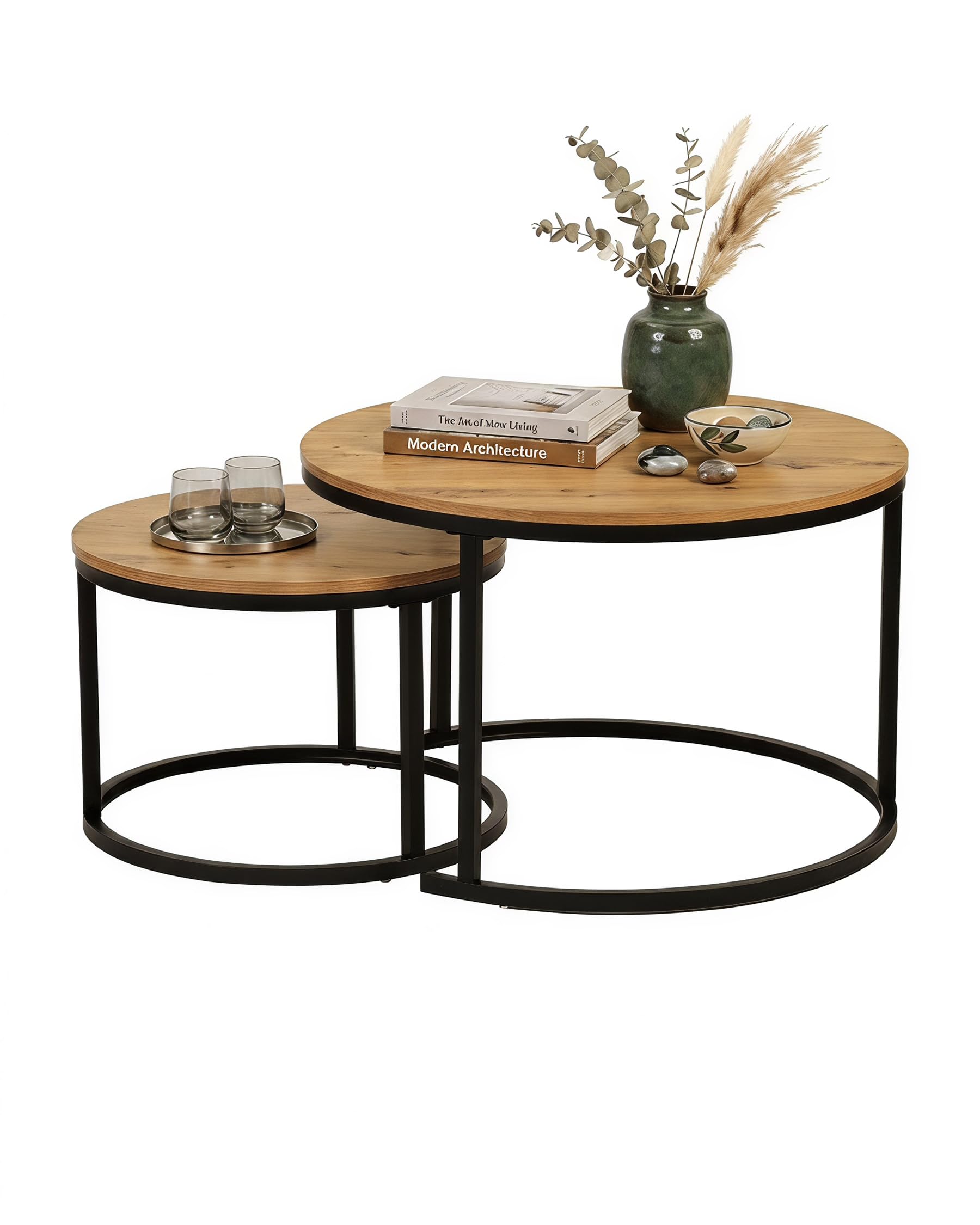 Couchtisch Rund Holz Beistelltisch Couch 2er Set 70cm Coffee Table | Wohnzimmertisch Rund Holz mit schwarzem Metallrahmen Couchtisch 70 x 70 mit natürlichen Holztrukturen