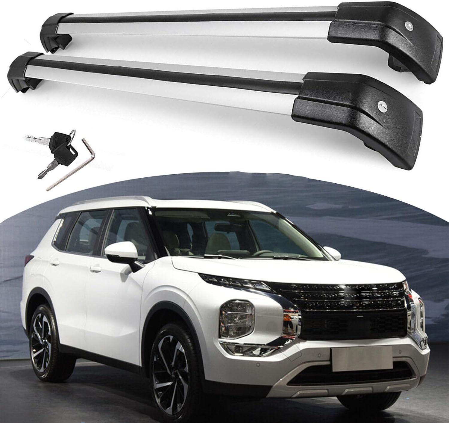 Upgrade Lockable Roof Rail Rack Cross Bars Crossbar Fits for Mitsubishi Outlander 2022 2023 (Silver)