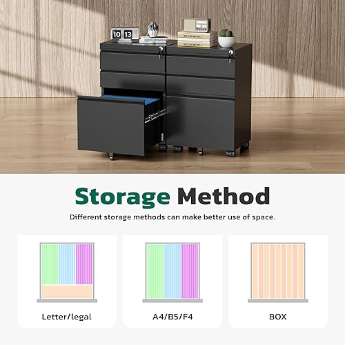 Vista 7 de Greenvelly Archivador móvil de 3 cajones con cerradura, archivador de metal sobre ruedas, archivador debajo del escritorio para organizador de Negro