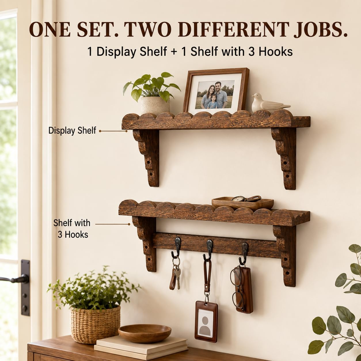 17-Inch Scalloped Rustic Wall Shelves Set of 2, Shelves for Wall-Pine Wood image 3