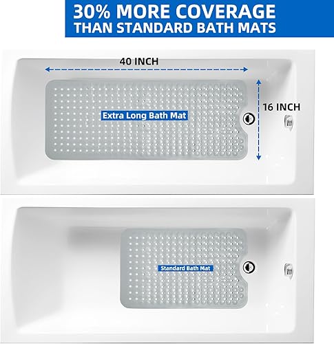 Miniatura 6 de Tapete para ducha y bañera, 40 x 16 pulgadas, extra largo, antideslizante, con ventosas y agujeros de drenaje, lavable a máquina y antideslizante,