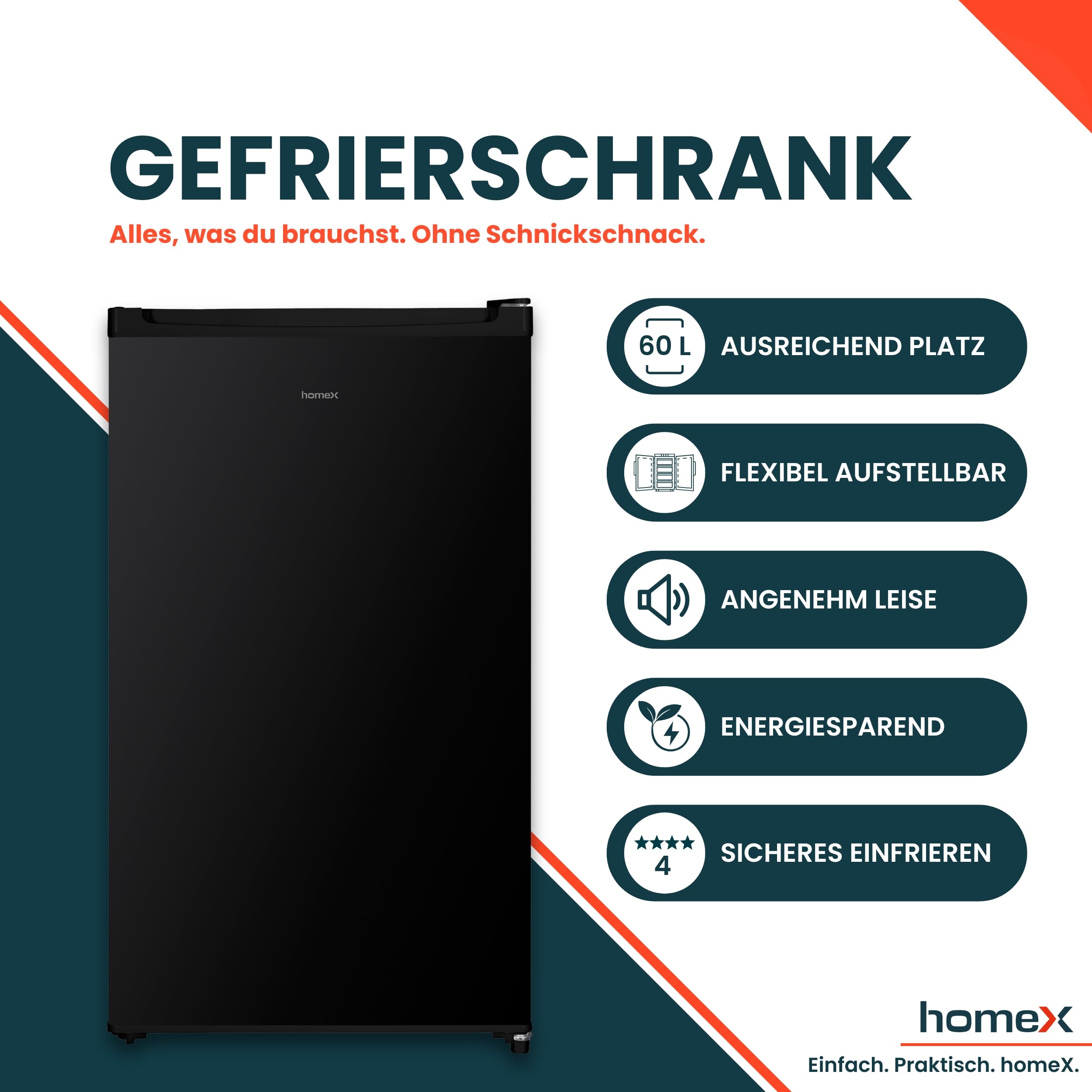 homeX Gefrierschrank 60L 4-Sterne freistehend schwarz FS1016-B