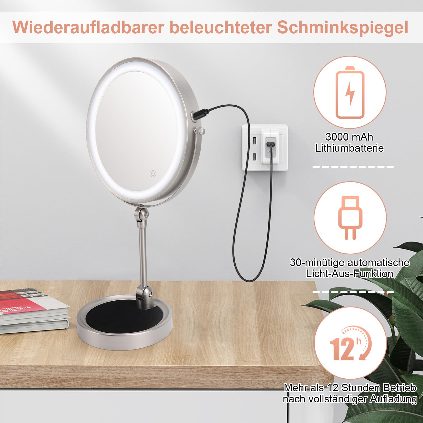 Lusterko Podświetlane LED, Lusterko do Makijażu 245 X 405 Mm, Lusterko Kosmetyczne Obracane o 360 Stopni z regulowaną jasnością, Lusterko Kosmetyczne z możliwością ładowania za