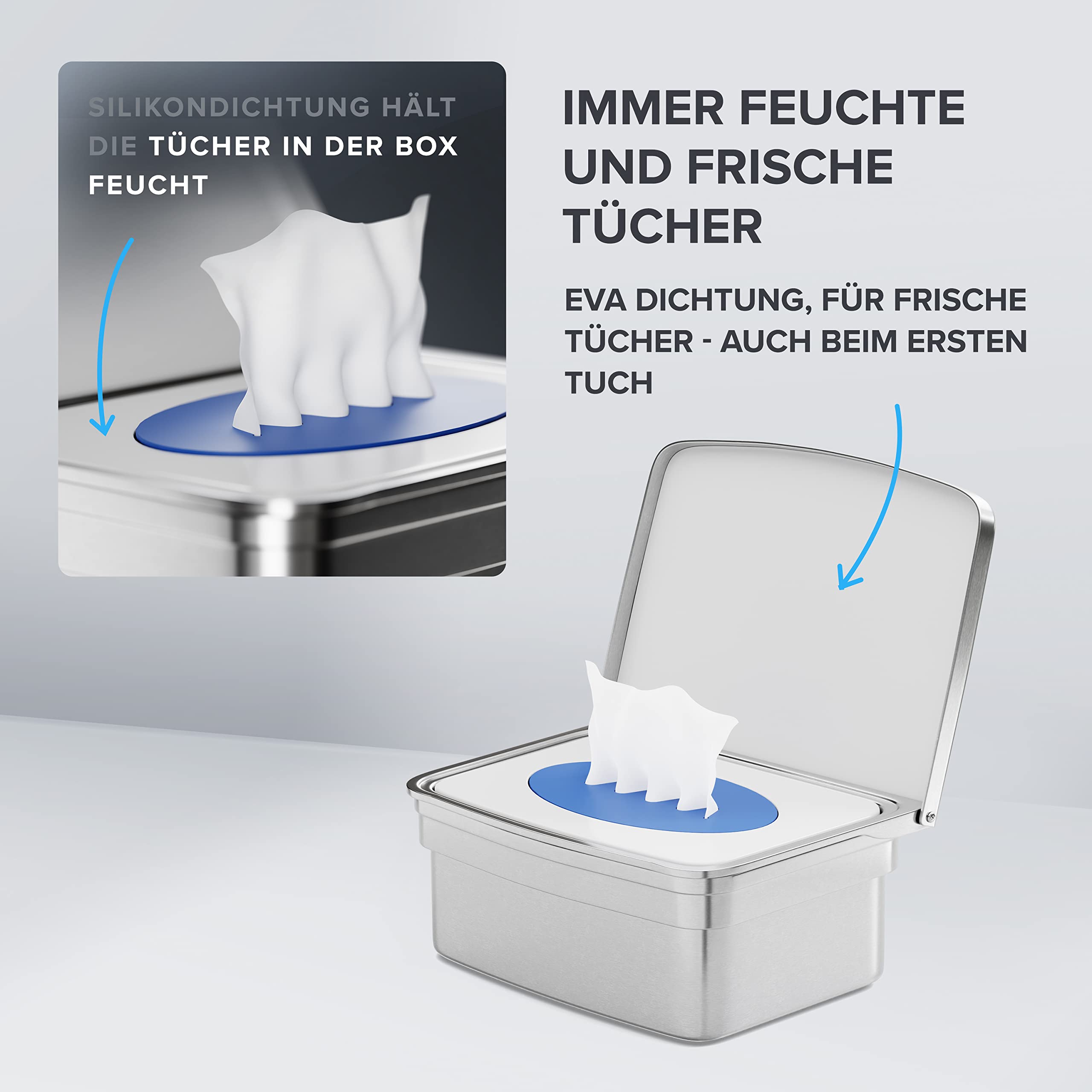 ovimar Feuchttücher Box mit Deckel Egense | in edlem Silber poliertem Edelstahl | ohne Bohren | Damit Kosmetiktücher Dank der Feuchttücher Aufbewahrungsbox Immer frisch bleiben