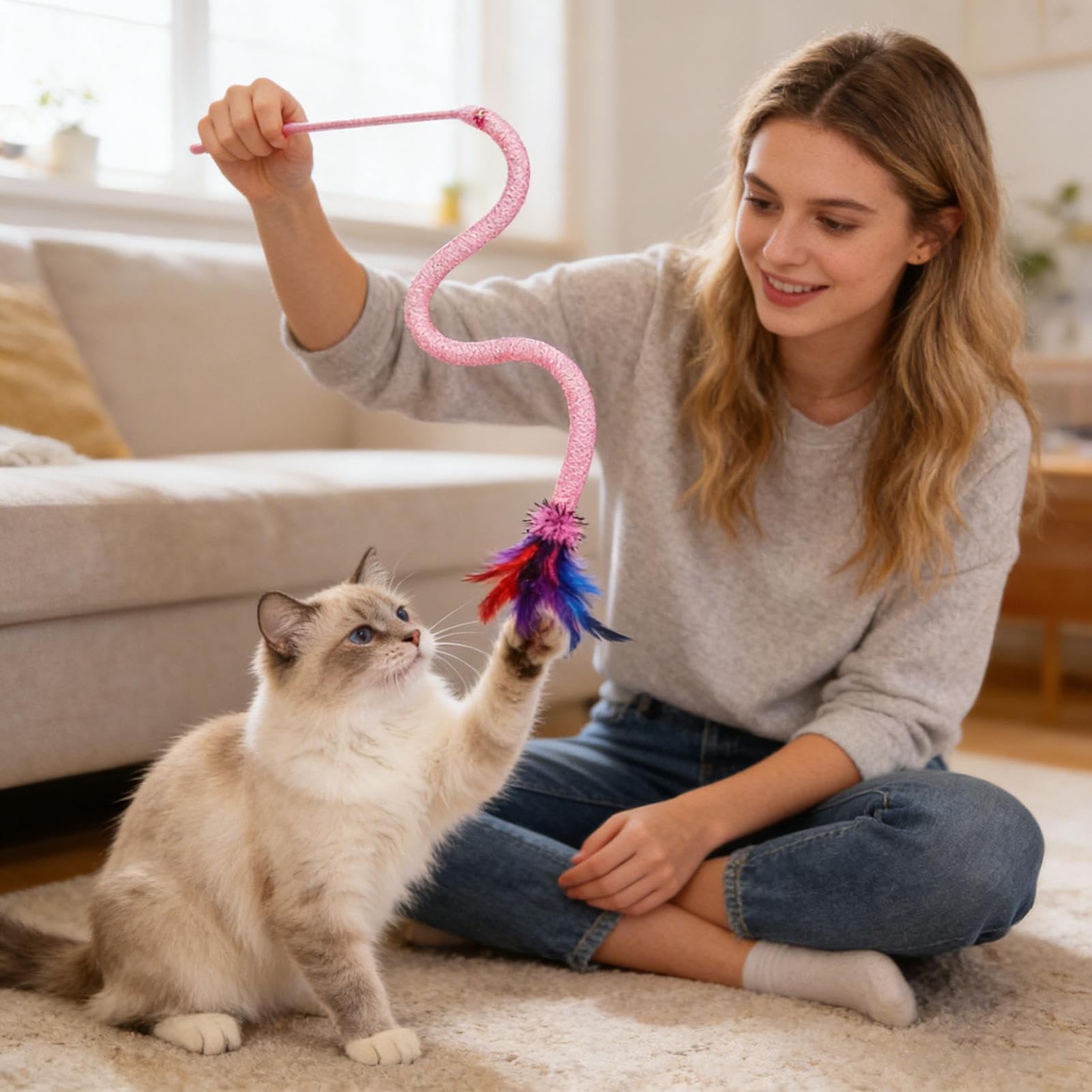 Generico per Gatti con Che Cigola Con Piume | Interattivo In Forma Di Serpente In Rete Per Gatti Per Giochi Indoor, Esercizio E Caccia Dei Cuccioli