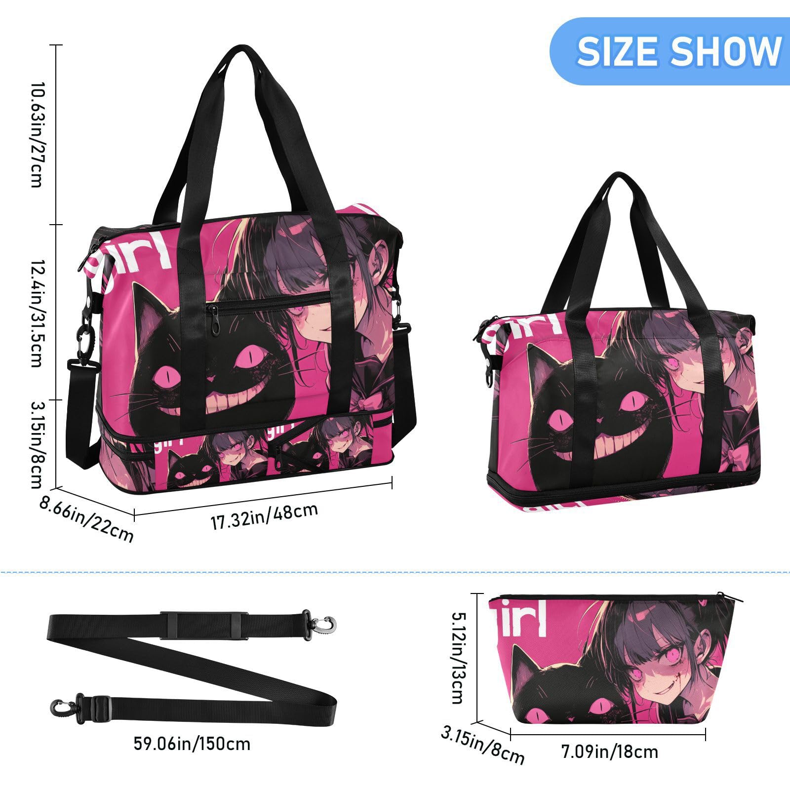 Peach Black Psycho Girl Bolsa de viaje con bolsillo húmedo, correa ajustable, bolsa de viaje para gimnasio, gran capacidad para hombres y mujeres