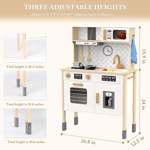 Miniatura 5 de Freniland Juego de cocina de madera para niños con estufa realista, campana extractora, horno, máquina de hielo, microondas, fregadero, con luz y