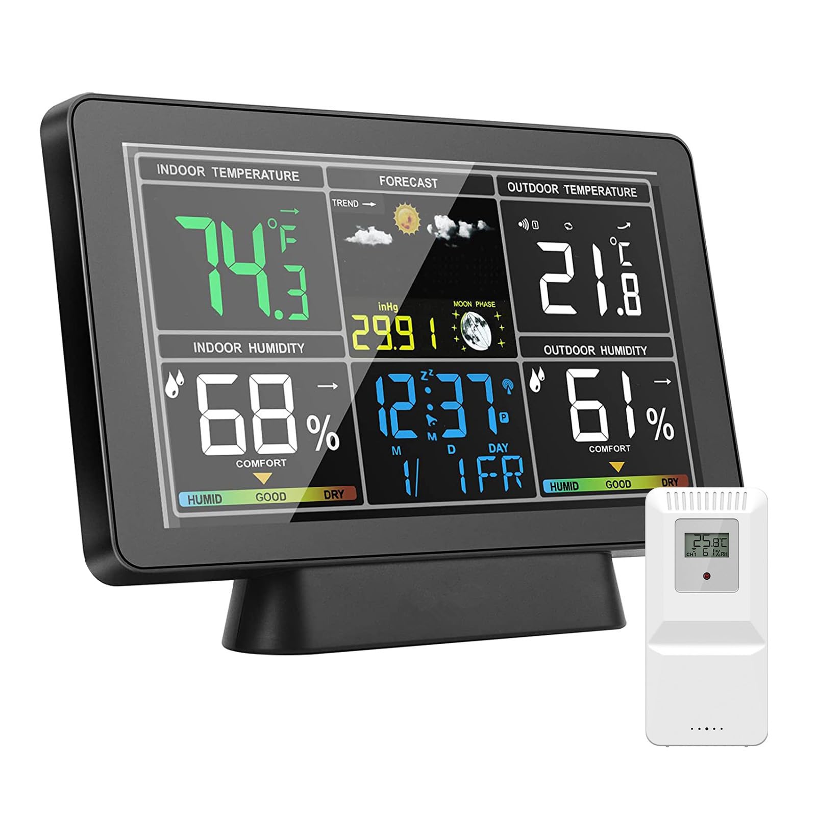 Thermomètre intérieur et extérieur sans fil de 7,5 pouces avec écran couleur rétroéclairé réglable, jauge de température d'humidité avec prévisions météorologiques, pression