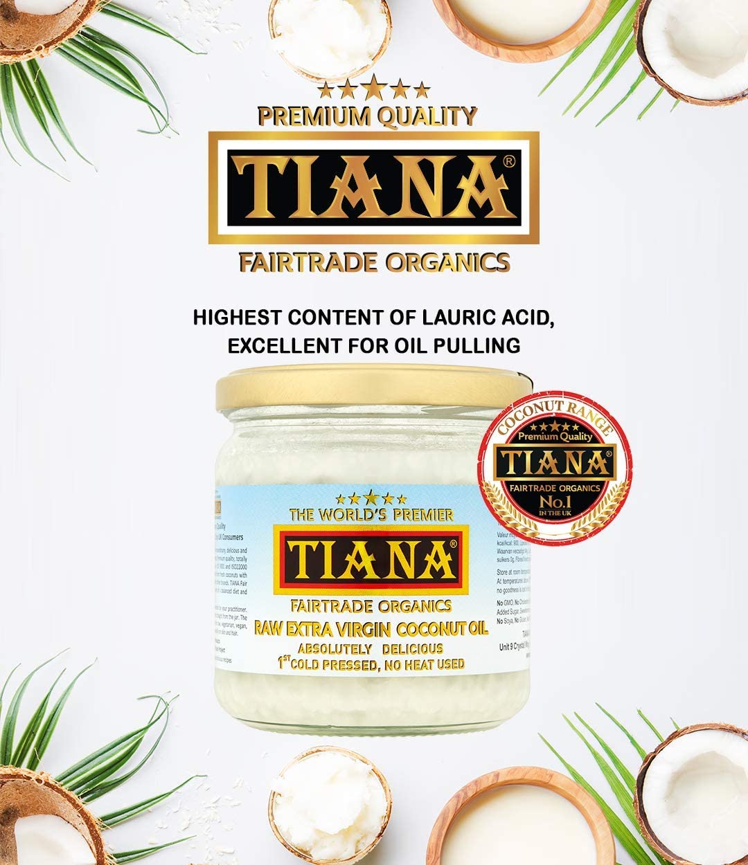 TIANA Fairtrade Organic Raw Extra Virgin olej kokosowy, uznany za nr 1 dla skóry, włosów i gotowania, 350 ml
