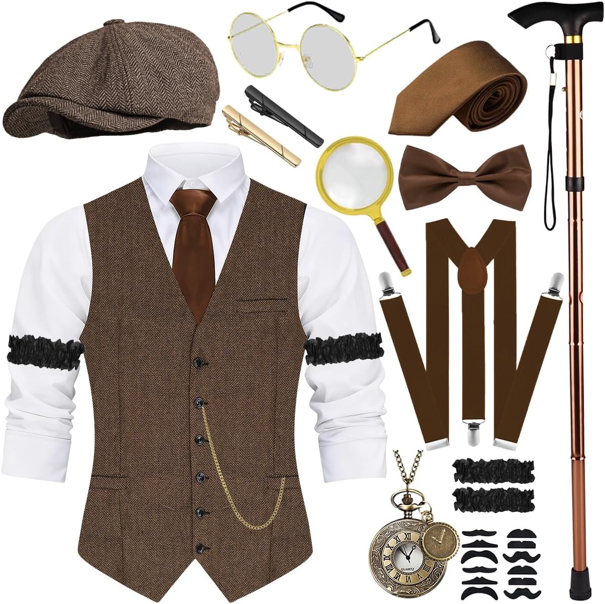 1920s Mens Costume, Roaring 20s Costumes Accessories Set Vest Foldable Crutches Fedora Hat Pocket Watch Tie