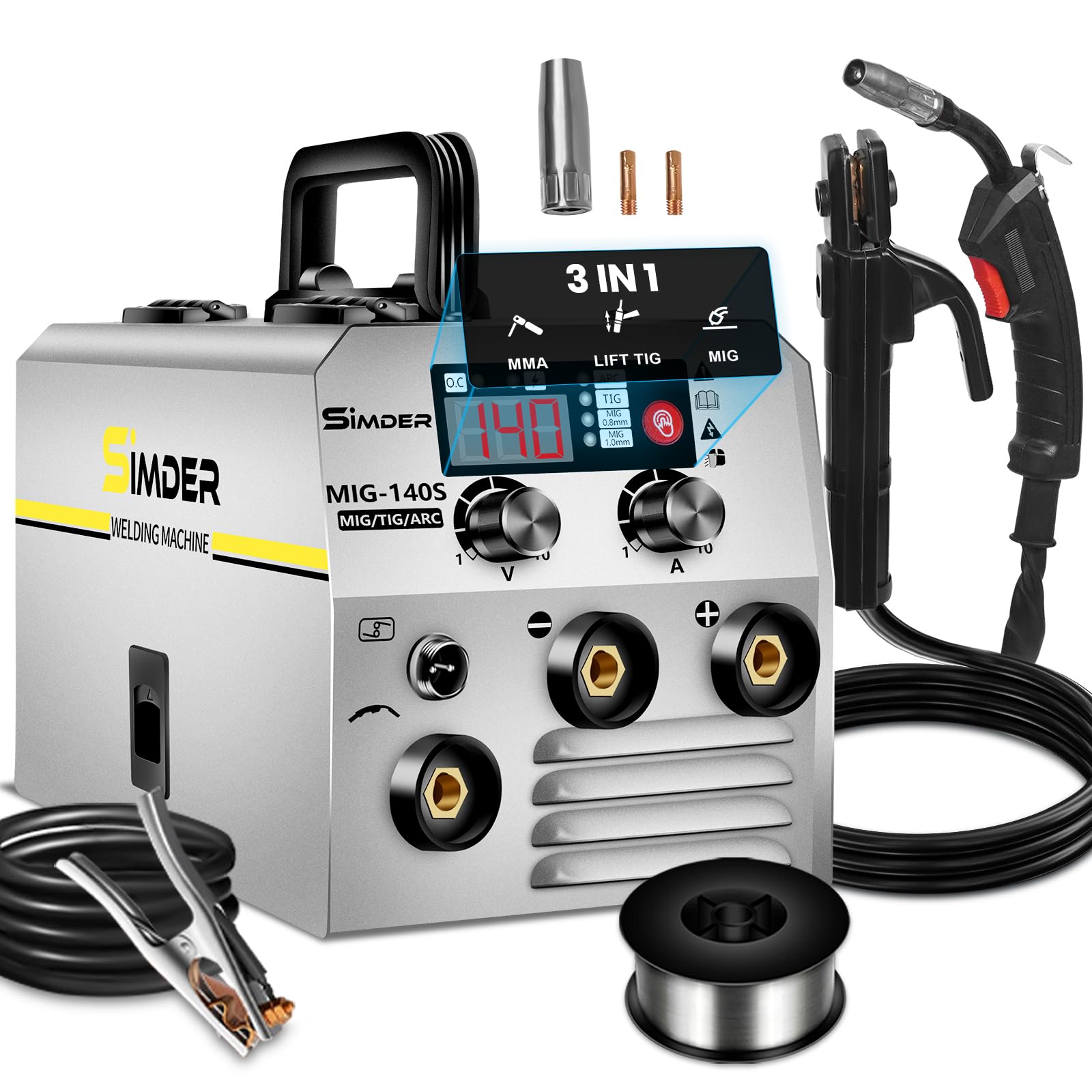SSIMDER FüLldraht SchweißGeräT Ohne Gas 140A 230v, 3 In 1 (Flux Mig/Mma/Lift Wig) Igbt Inverter, Leicht Und Kompakt (3,65 Kg), FüR Heimgebrauch, Werkstatt, Auto, Landwirtschaft Und Garten