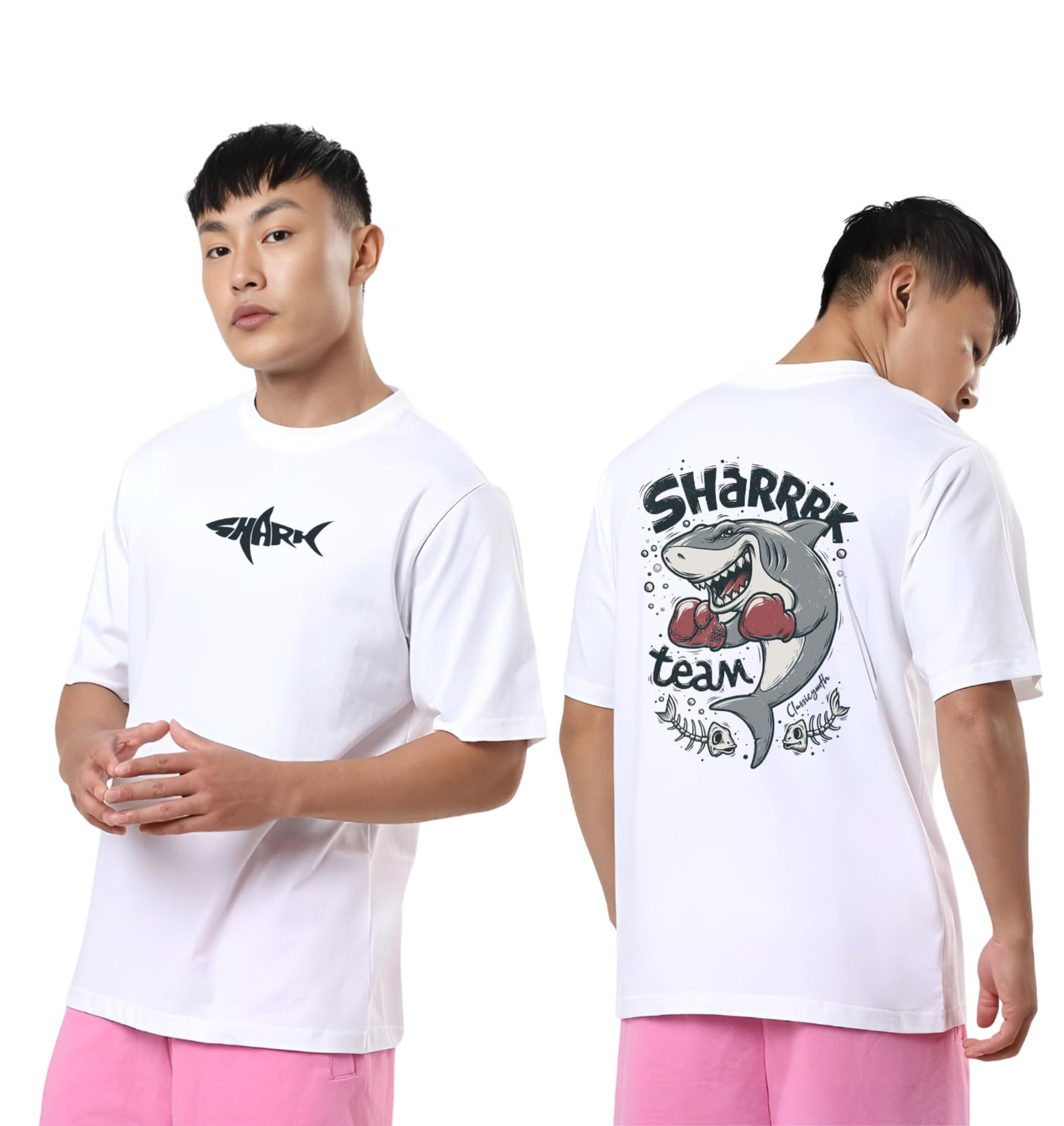 ClassicYouthMen's Shark Printed Oversized T-Shirt | Casual Graphic Tee with Shark Design | Trendy Streetwear T-Shirt for Men | Comfortable Cotton Tee for Youth