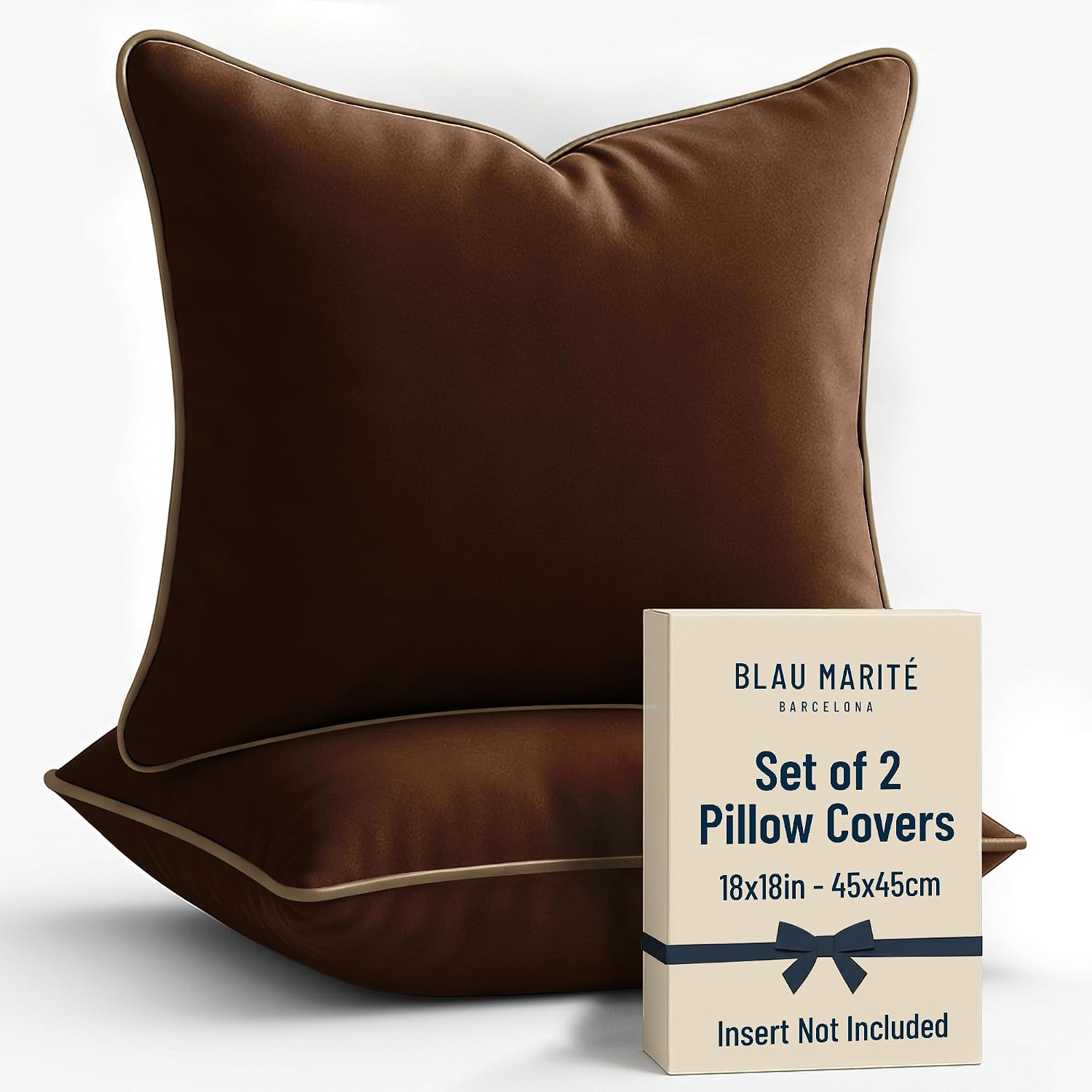 Blau Marité 2 Pack Velvet Decorative Throw Pillow Covers, 18″x18″, Brown and Camel, Solid, Modern, Contrast Piping, Indoor Use, Bedroom & Living Room