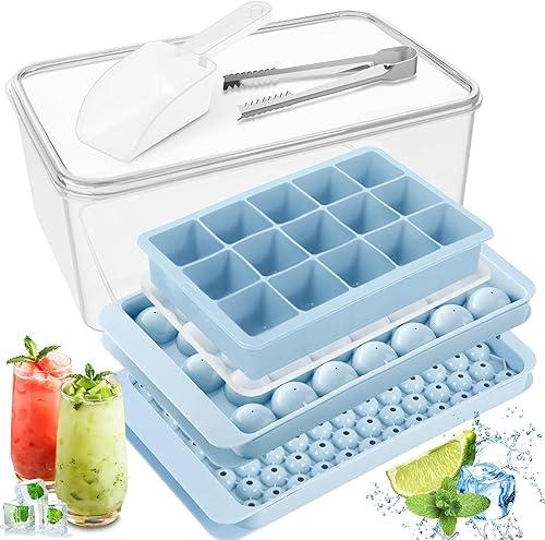 MOXTOYU Bandejas para cubitos de hielo, bandeja pequeña para cubitos de hielo, paquete de 3 unidades, 152 círculos y cuadrados con tapa y