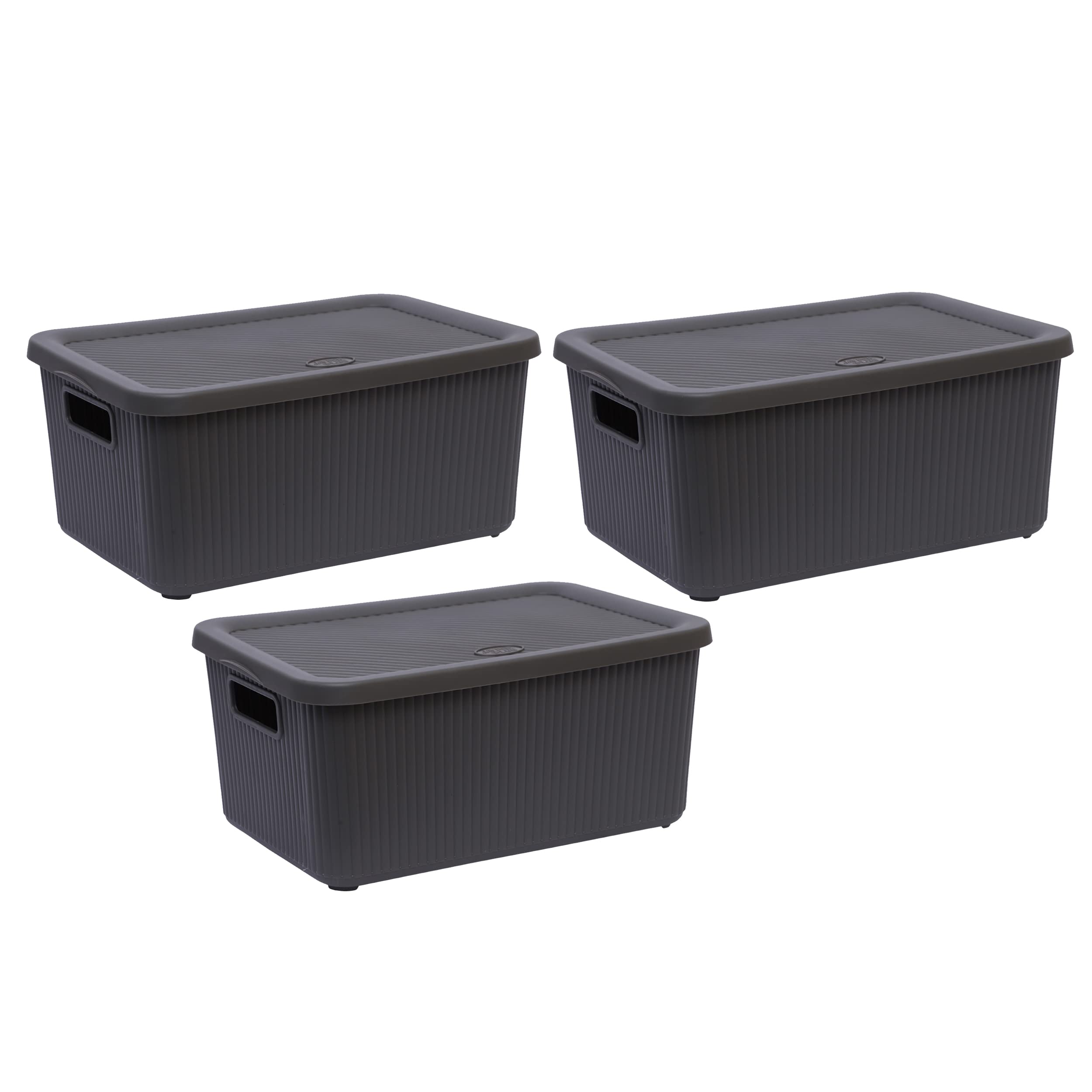 M1ss Bottle Grey Set Of 3-14L Litre Large Plastic Knitted Storage Basket With Lid, Storage Box Stackable Organiser Lidded Bin Box Large Rib Box For Nursery, Kids, Closet, And Many More (Bottle Grey)