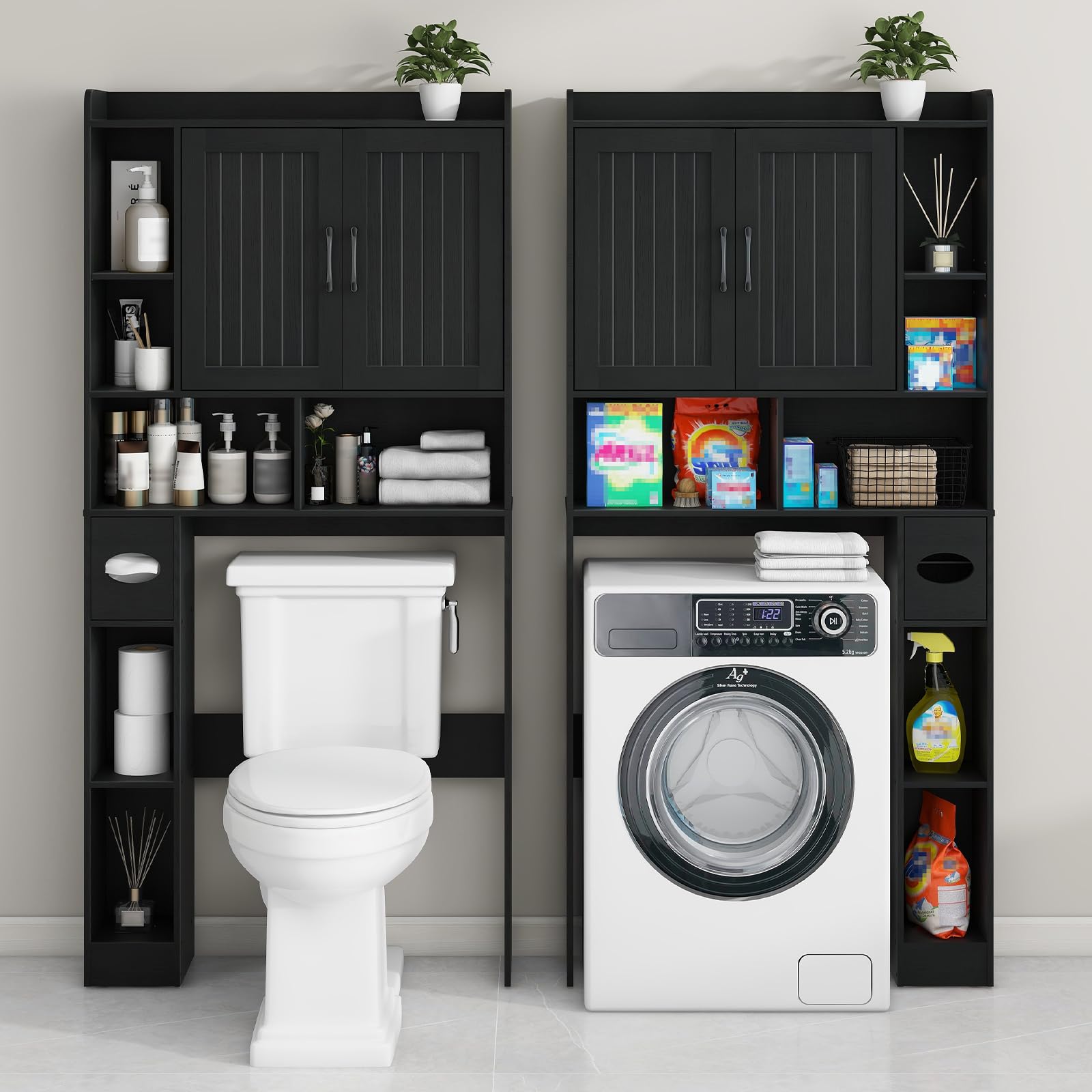 Vabches Over The Toilet Storage Cabinet, Farmhouse Storage Cabinet Over Toilet with Barn Door, Home Space-Saving Toilet Rack, for Bathroom, Restroom, Laundry(Black).: Black Barn Doors