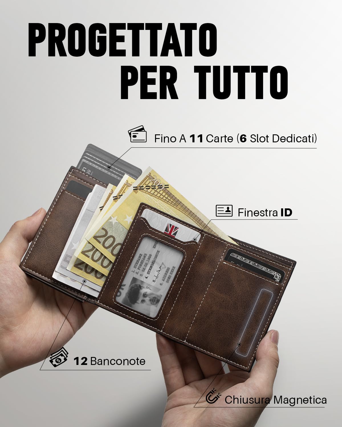 Portafoglio Pop-Up da Uomo con Tasca per Monete, Portafoglio Trifold con Finestra ID, Porta Carte RFID Intelligente con 6 Scomparti per Fino a 11 Carte (Marrone)