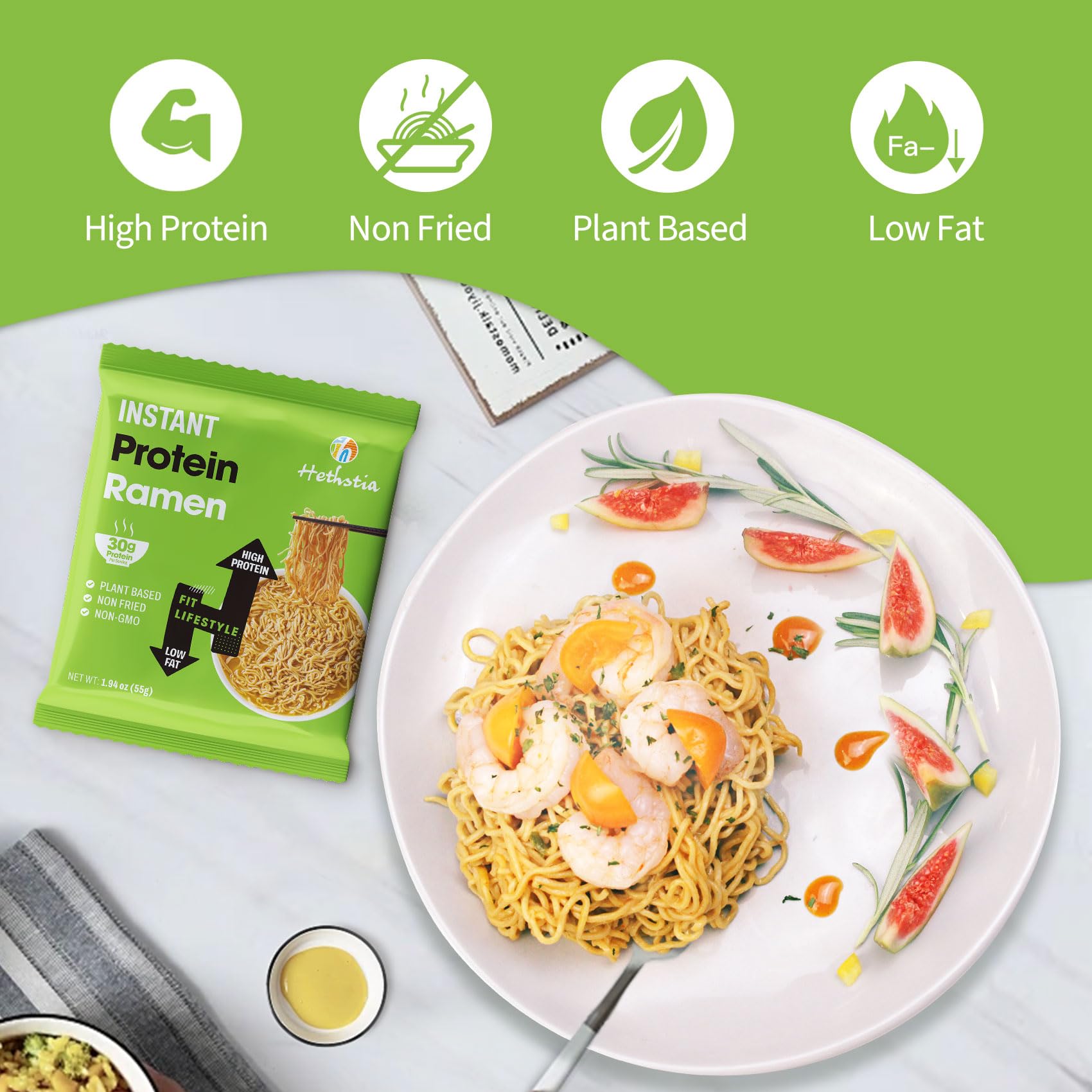 Hethstia High Protein Ramen Plain, 6 Pack Instant Ramen Noodles – 30g Plant Protein, Vegan, Non-Fried, Non-GMO, Sugar-Free, Low Fat, Healthy Quick Meal Base for Lunch, Dinner or Post-Workout