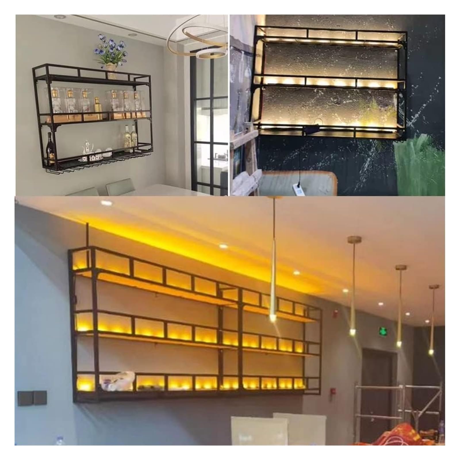 Stojaki na wino LED do montażu na ścianie, stojak na kieliszki do wina pływająca półka z wieszakiem na kieliszki, przemysłowy metalowy wiszący stojak na wino do domu, spiżarni, piwnicy, barów (kolor: