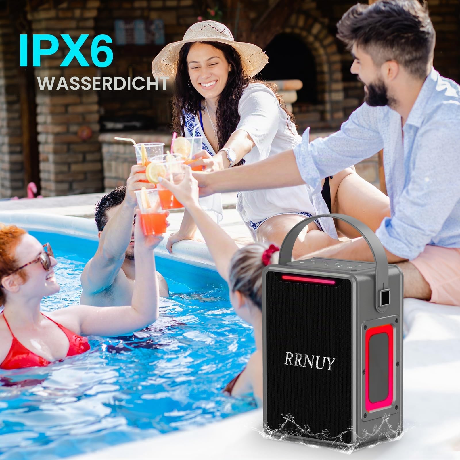 Tragbarer Bluetooth Lautsprecher 60W, IPX6 wasserdichter kabelloser Speaker mit kräftigem Bass, TWS Kopplung, DSP Stereo Sound, LED Licht – für Zuhause, Party, Camping, Strand (Schwarz, Schwarz)