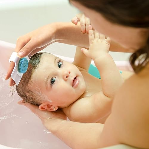 Miniatura 4 de 2 piezas de cepillo y peine para cuna diseño 3 en 1 cepillo seguro para el cuero cabelludo del bebé con cerdas de goma suave ayuda a masajear