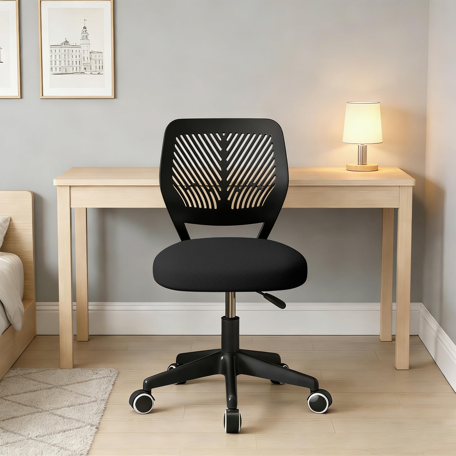 Silla Giratoria Ajustable para Escritorio, Silla de Oficina Sin Brazos, Taburete Redondo con Ruedas y Respaldo para Hogar y Oficina