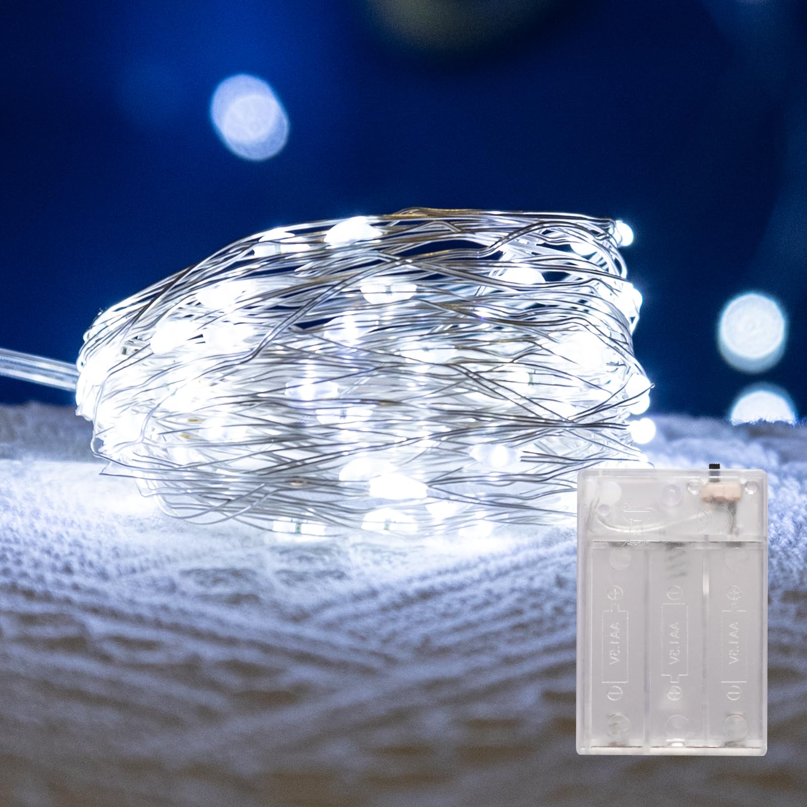 LEECOCO Guirnalda de luces con pilas, micro LED, funciona con pilas AA, para Navidad, dormitorio, fiesta, boda, decoración de Halloween (blanco frío, 10 m)