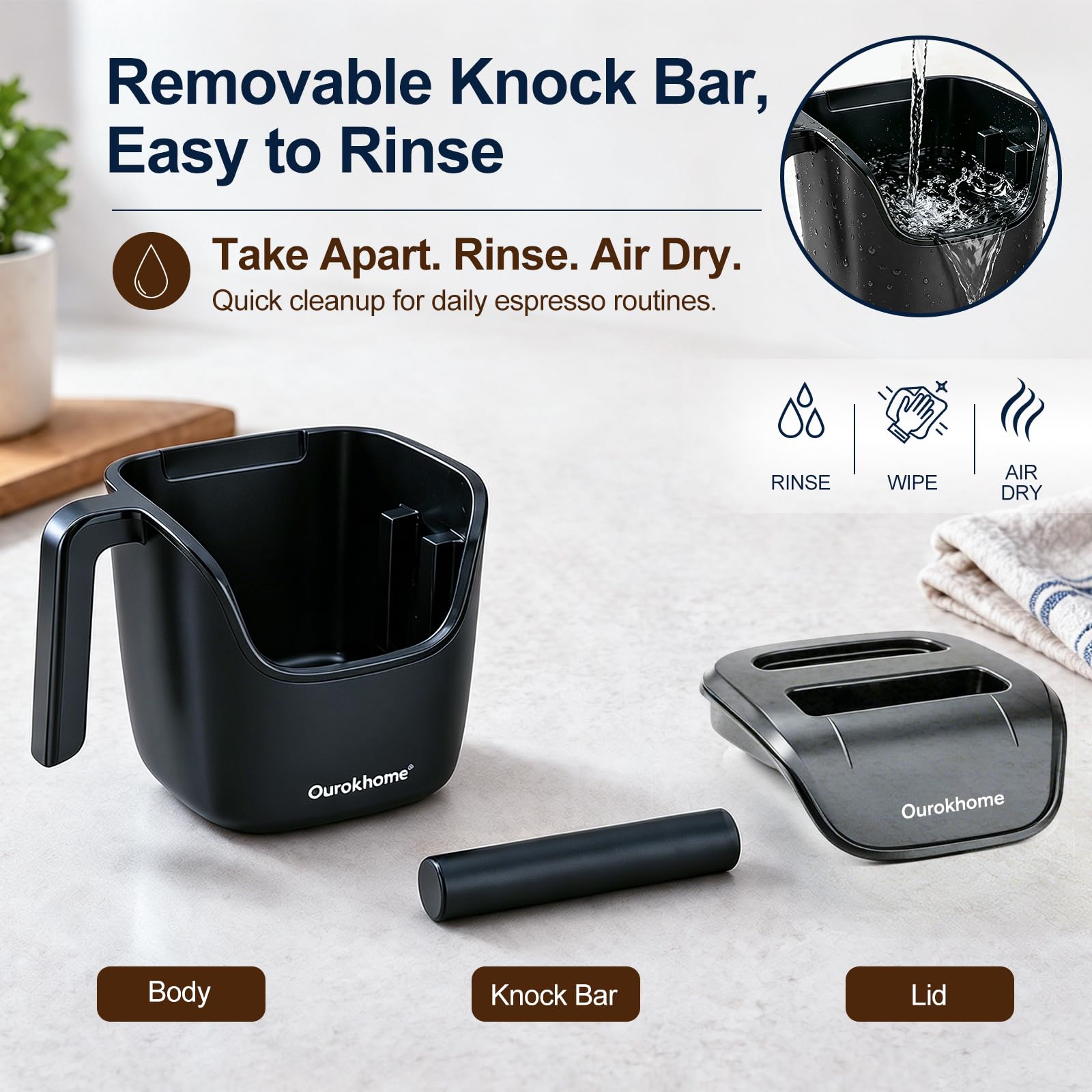 Ourokhome Espresso-Klopfbox mit Deckel, kompakter Kaffeesatzbehälter für Zuhause, Kaffeebar, abnehmbare Klopfstange, Außenseite aus 304 Edelstahl, rutschfester Boden und Griff, leicht zu reinigen