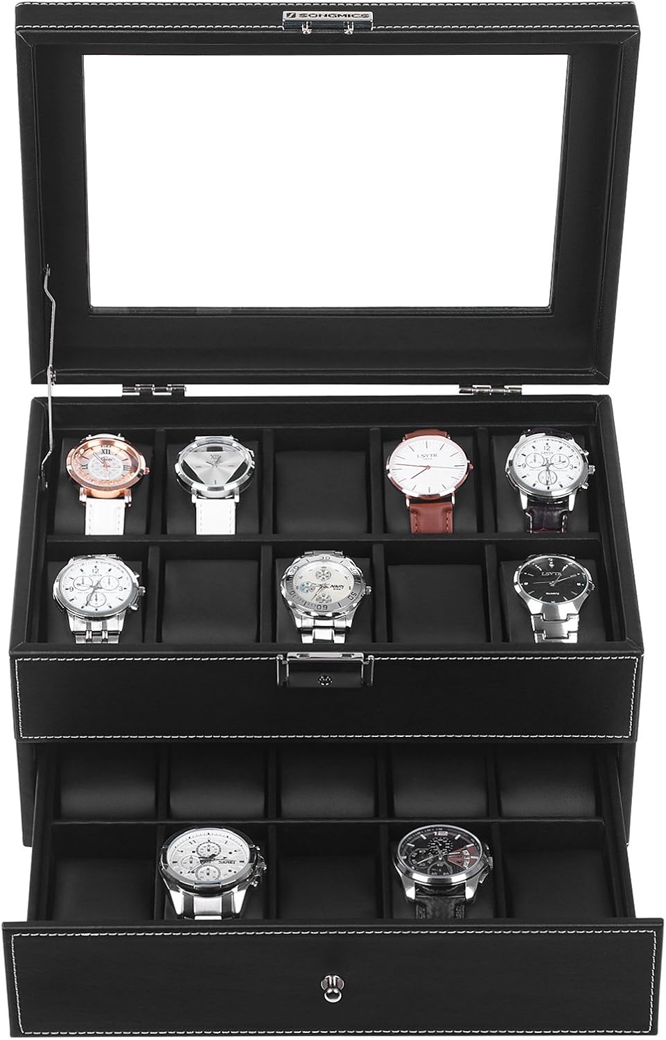 SONGMICS 20 Watch Box Mens Lockable Organizer Black Display Case with Glass Top UJWB301