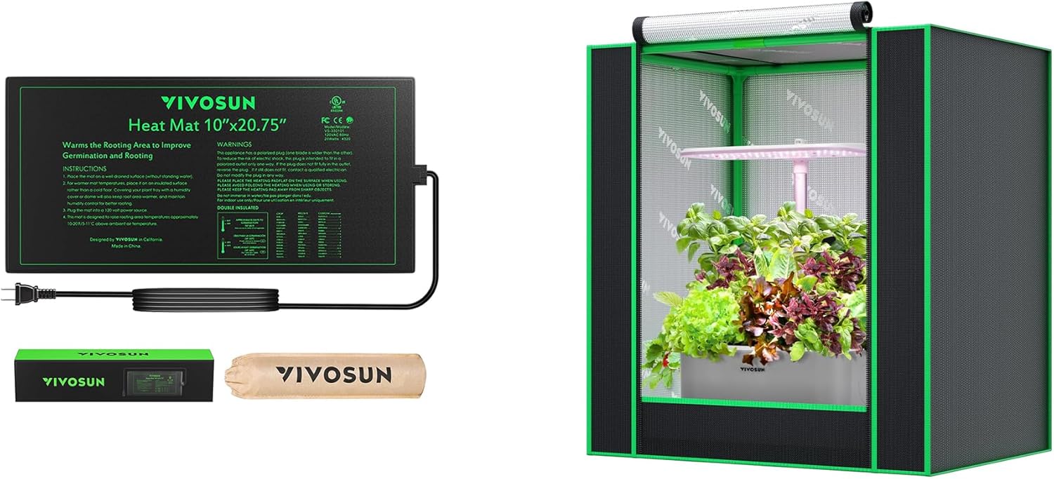 VIVOSUN Durable Waterproof Seedling Heat Mat 10" x 20.75" and Small Grow Tent for Aerogarden, Hydroponics Growing System, 20”x14”x21” Highly Reflective Mylar Indoor Grow Tent