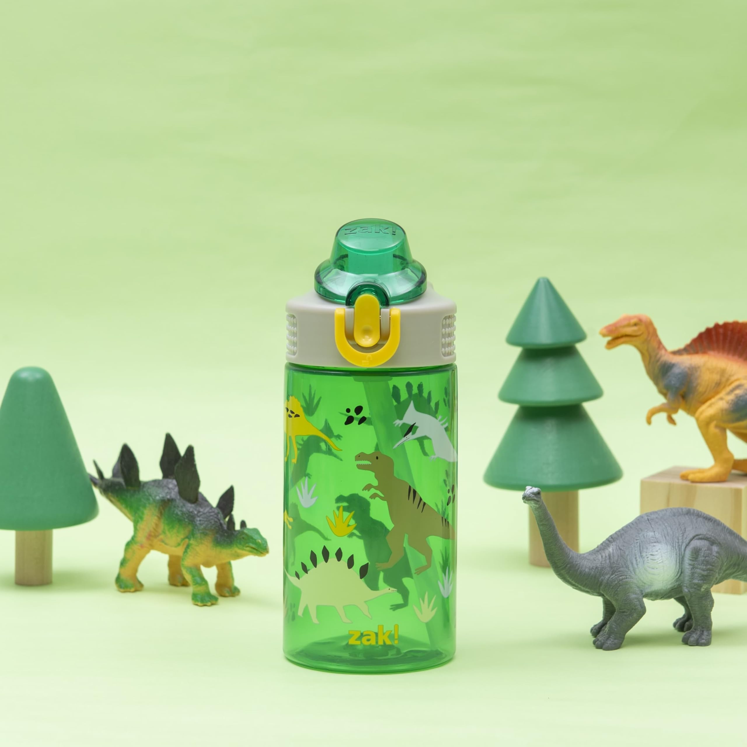 Zak Designs Sage Kinder-Wasserflasche für Schule, Reisen oder zu Hause, 473 ml, langlebige Kunststoff-Wasserflasche mit Strohhalm, Griff und auslaufsicher, Pop-Up-Auslaufabdeckung (Dino)