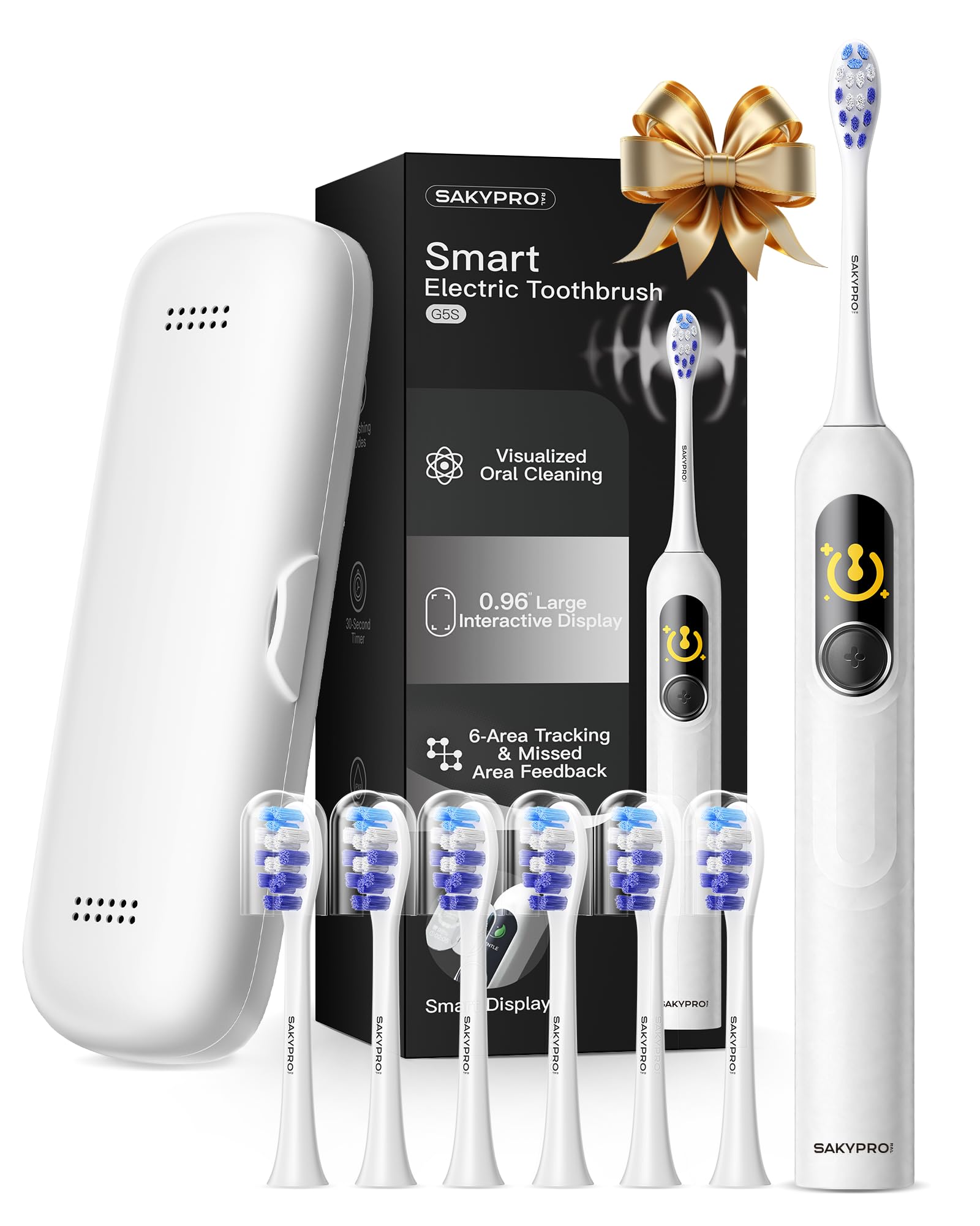 Sakyproral US SAKYPRORAL AI Electric Toothbrush for Adults, Sonic Rechargeable Whitening Toothbrush with 6-Zone Tracking, Soft Replacement Heads & Travel Case (White, 1 Count with 6 Brush Heads)