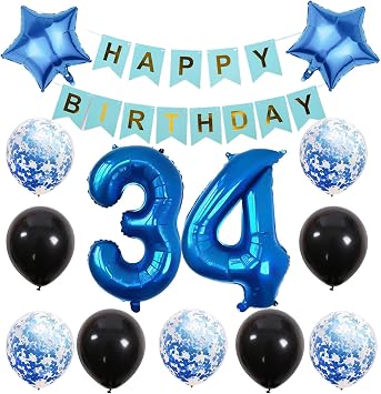 Chaungfu34 Birthday Party Supplies Blue Number 34 Foil Balloon Happy Birthday Banner Kit 34th Birthday Decoration Black Blue Latex Confetti Balloon Foil Star Balloon Great Gift for Girls Boys Birthday
