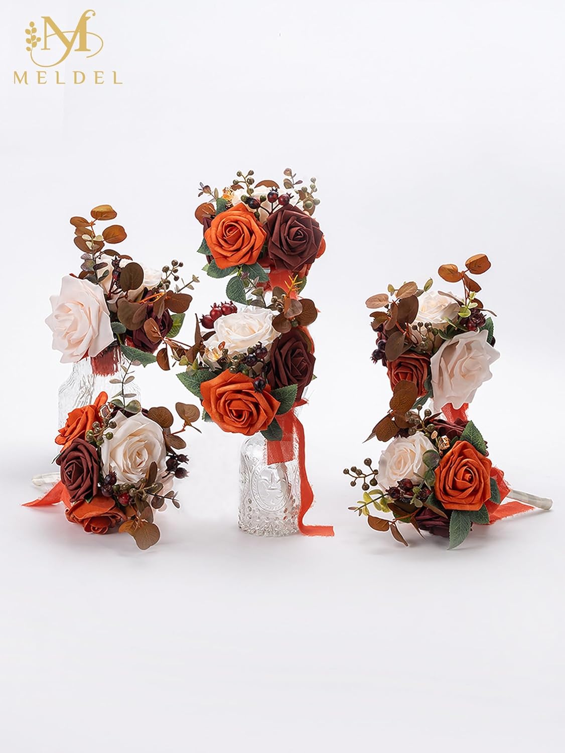 Meldel Burnt Orange Wedding Bouquet Centerpieces Flowers Mini Bridesmaid Bouquets Set of 6 Terracotta Table Decor Pre-Made Small Floral Fall Wedding Decorations