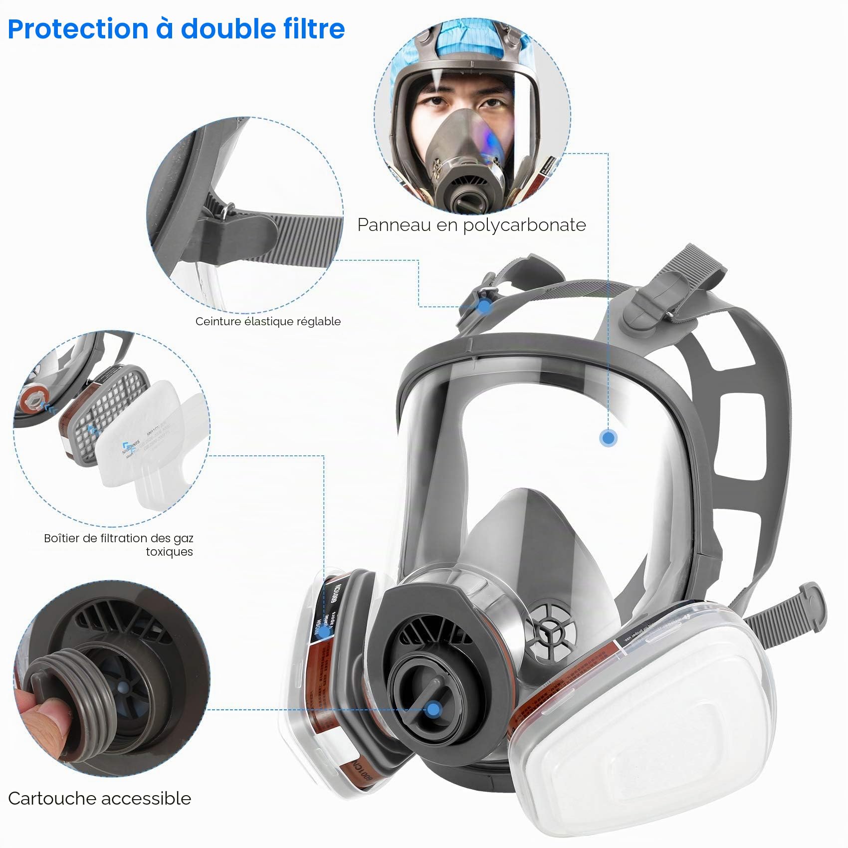 Masque de volume réutilisable avec filtre pour la protection contre les vapeurs et les particules Masque à gaz Masque anti-poussière pour peintures, vernis, travaux de menuiserie