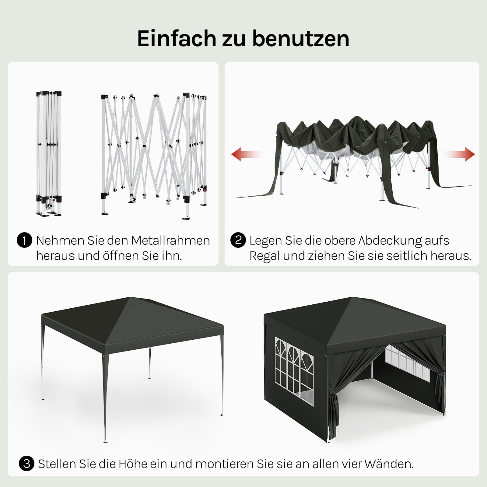 WOLTU Pavillon Pop-Up wasserdichter Faltpavillon Sonnenschutz Event Pavillon mit Seitenwänden Gartenpavillon auf Terrasse Camping Festival Pagodenzelt aus Oxford Metallrahmen 3 x 3 m Grau
