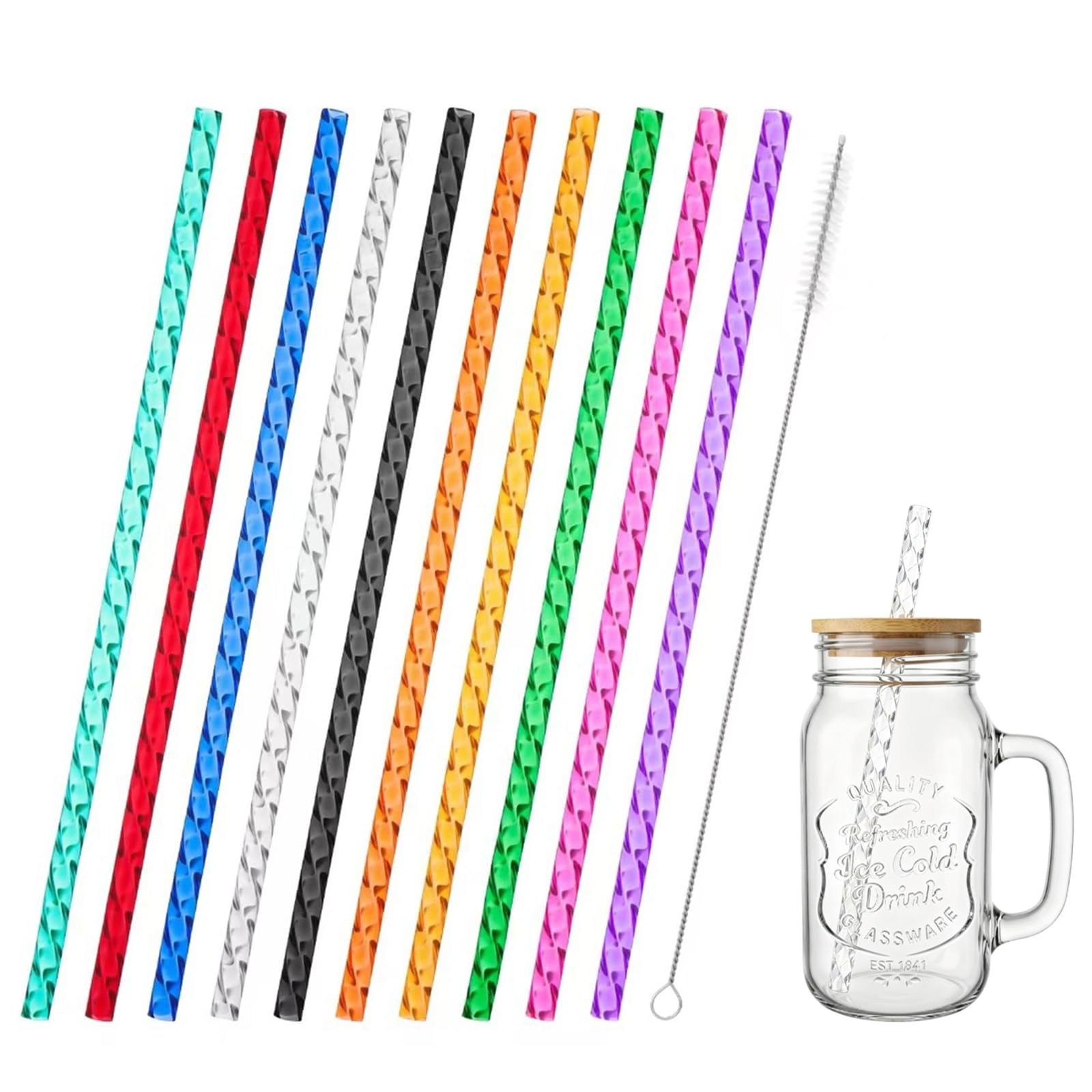 50 wiederverwendbare Hartplastik-Trinkhalme mit Spiraltextur, inklusive Glasbecher und Reiniger, 9-12 Zoll ästhetische Trinkhalme für Tumbler Cocktails Shakes robust BPA-frei,50 Straws and 1 Water Cup