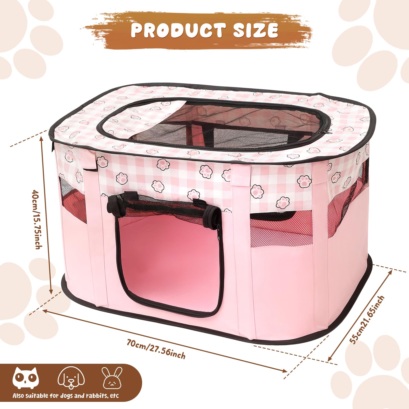 Foldable Pet Playpen Portable Dog Cat Playpen Small Dog Cat Cage Soft 70 * 55 * 40cm Indoor Outdoor Pet Tent Fence for Puppy Rabbits Hamster Small Animals(Pink) - Image 2