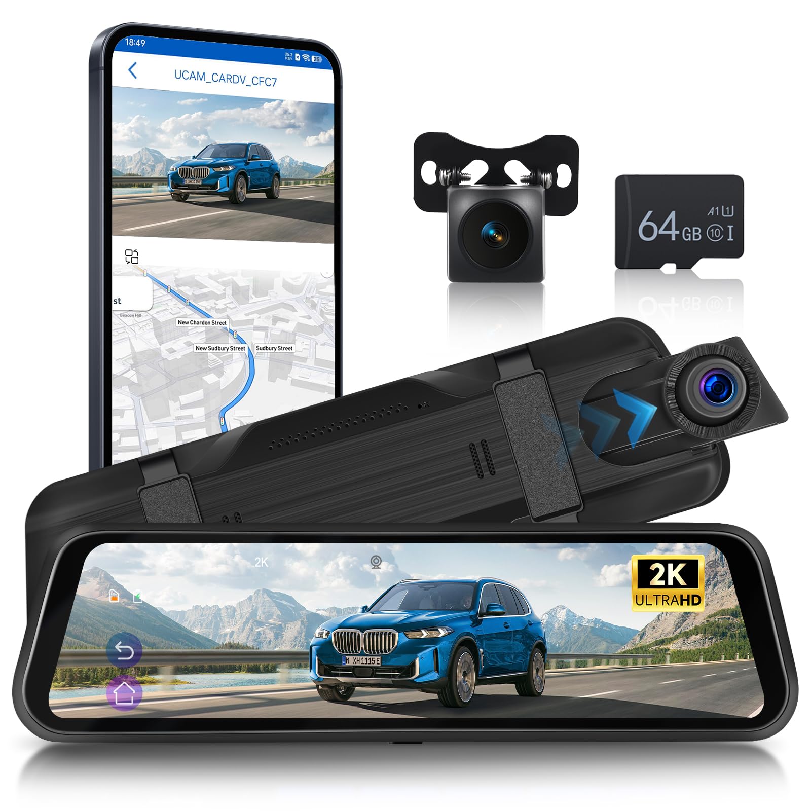 Hodozzy 2K WiFi Specchietto Retrovisore Dash Cam, Dashcam Retrovisore con Schermo IPS 9,66 Pollici Touchscreen con Controllo App, Visione Notturna, Registrazione Loop, Sensore G, BSD LCA+ Scheda 64 G