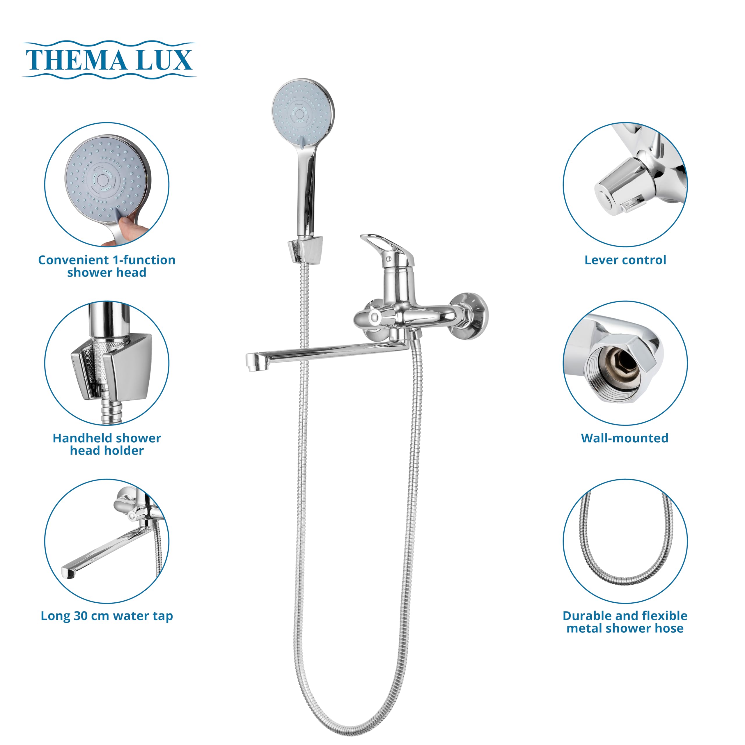 Rubinetto Vasca da Bagno con Doccetta, Tubo e Supporto | Miscelatore Doccia - Design Classico ed Elegante | Rubinetto Doccia con Rivestimento Cromato | Miscelatore per Doccia - 30cm