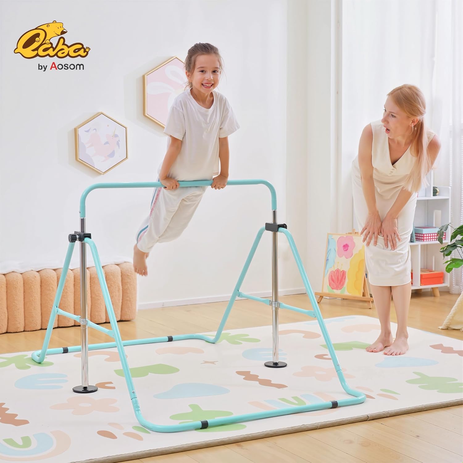 Qaba Folding Gymnastics Bar for Kids with Shock Absorption, Adjustable Gymnastics Horizontal Bar, Gymnastics Kip Bar for Home Use
