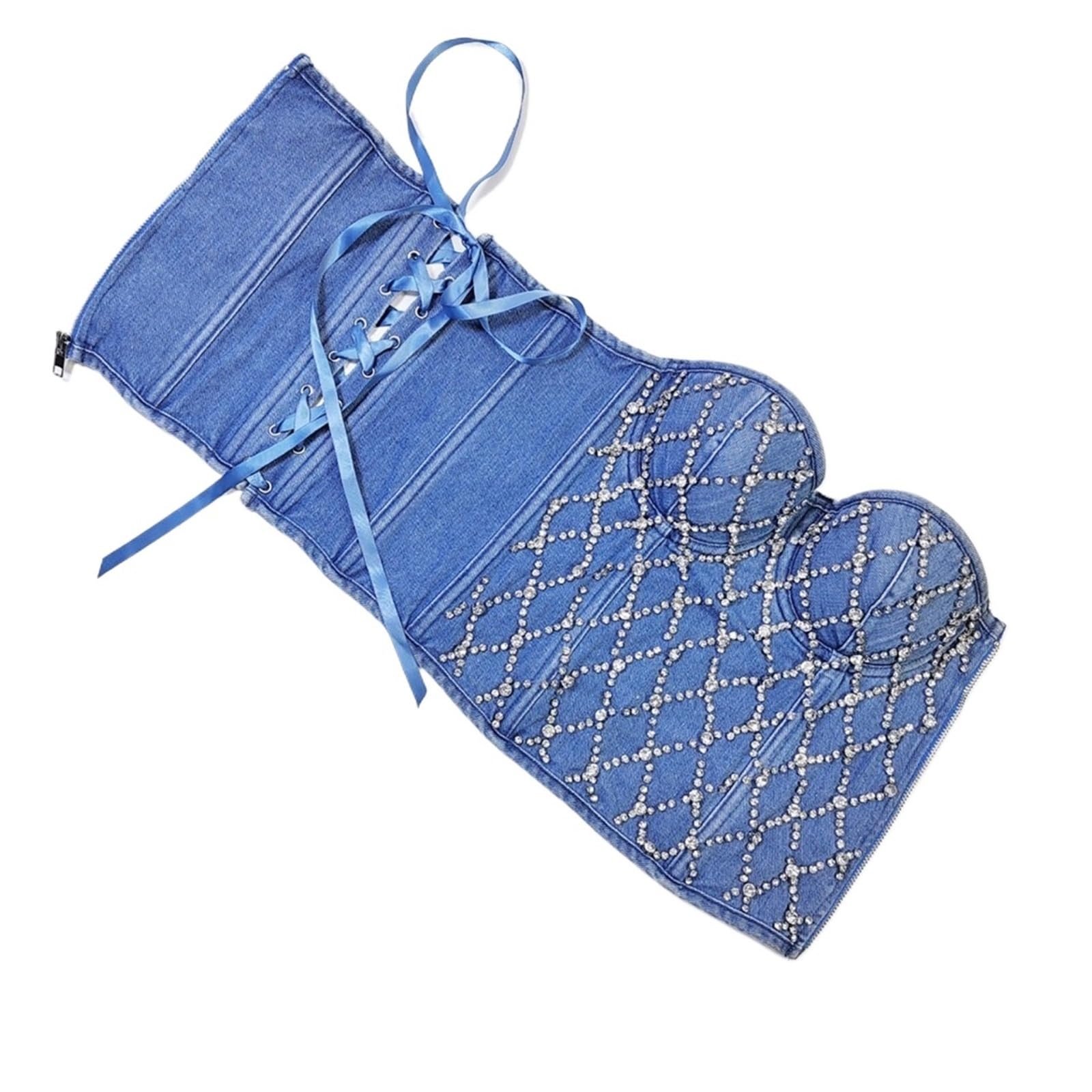 Corsetto da donna con paillettes e diamanti, in denim, sexy, for ragazze, bustier, for feste in discoteca, top corto, push-up