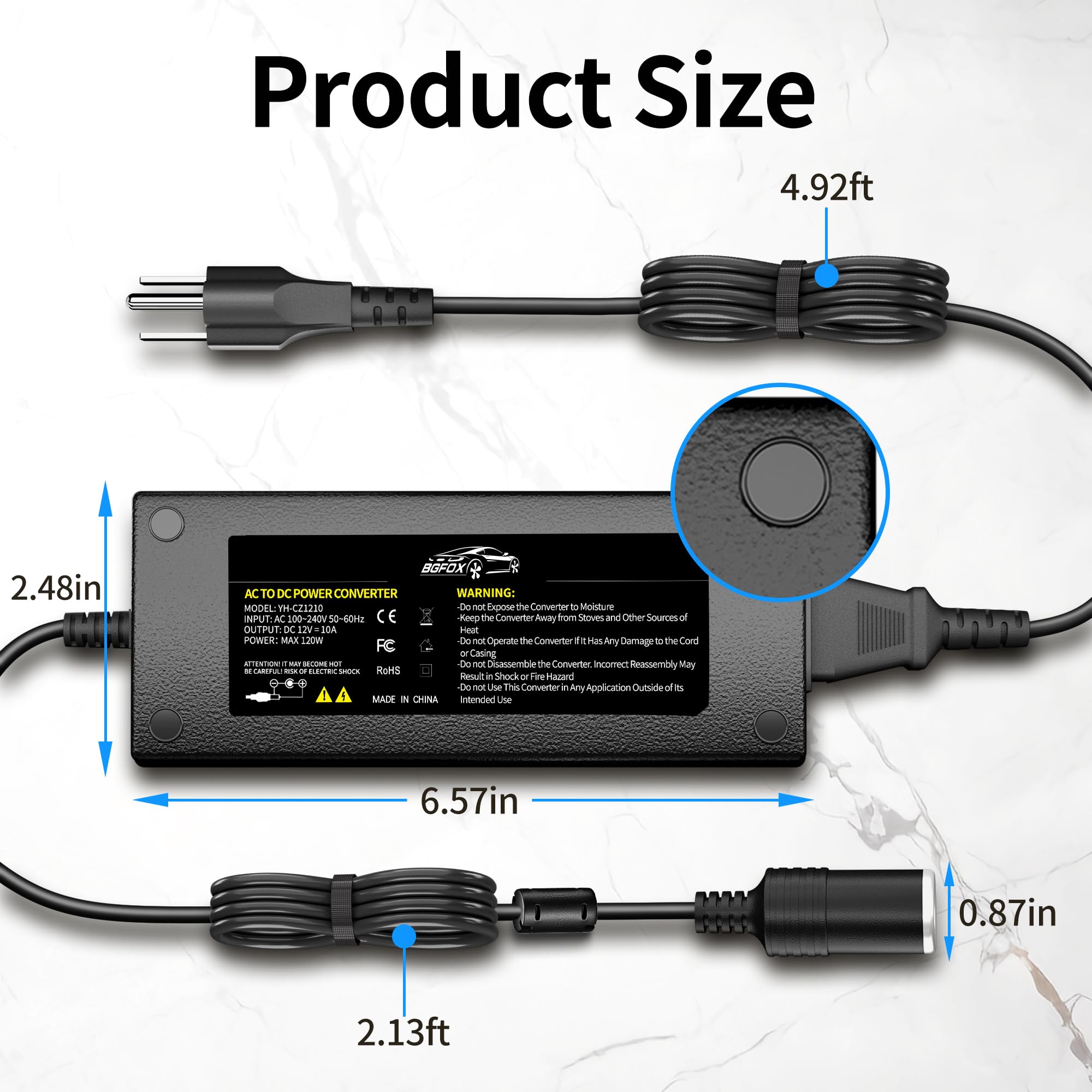 Konwerter AC na DC, konwerter 10 A/120 W/8,63FT 110 V na 12 V, gniazdo zapalniczki samochodowej AC/DC zasilacz do nadmuchiwania, odkurzacza samochodowego, lodówki samochodowej itp., czarny