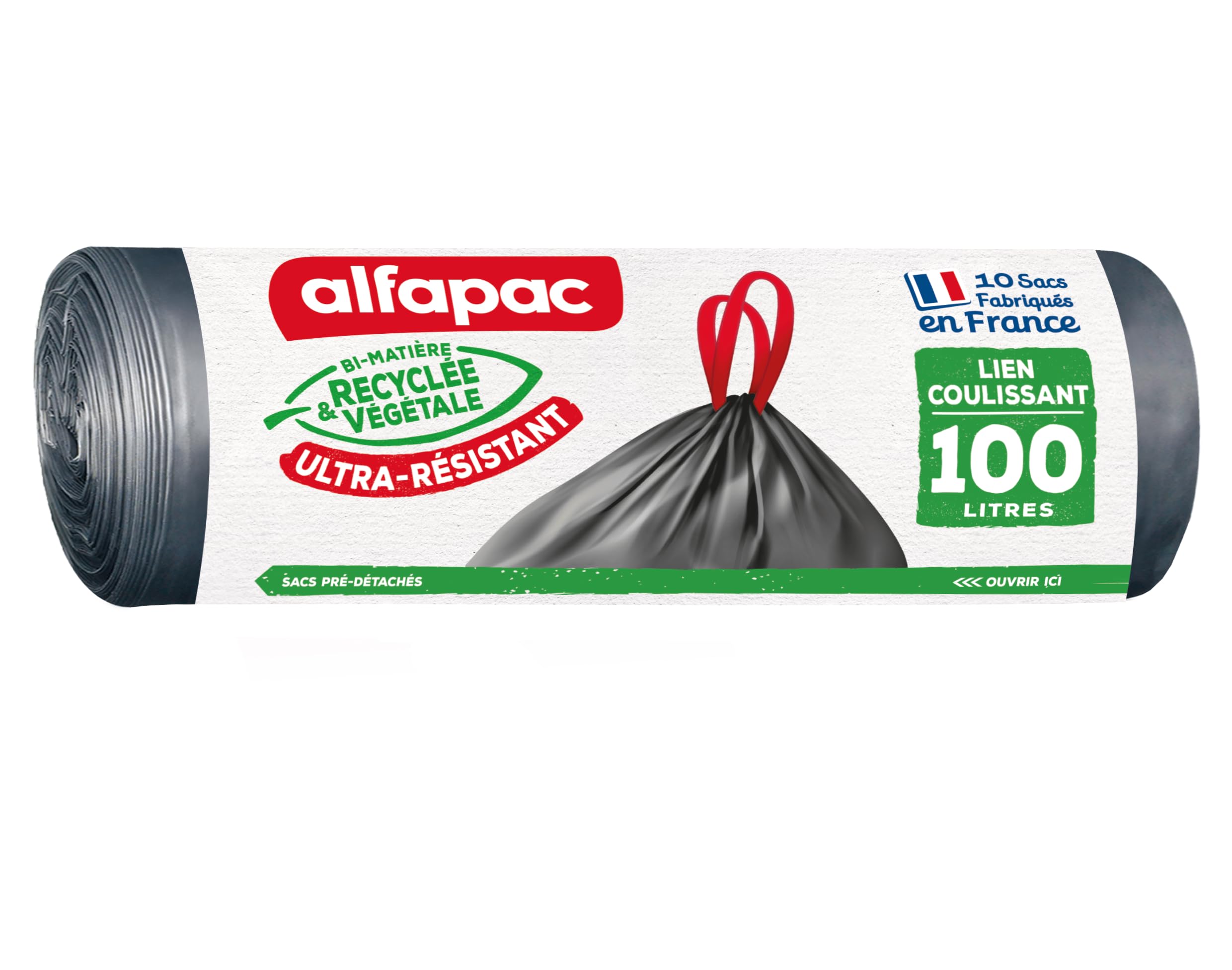 Alfapac – 10 bolsas de 100L con enlace deslizante ultrarresistente – fabricadas en Francia – Bimaterial reciclado y vegetal