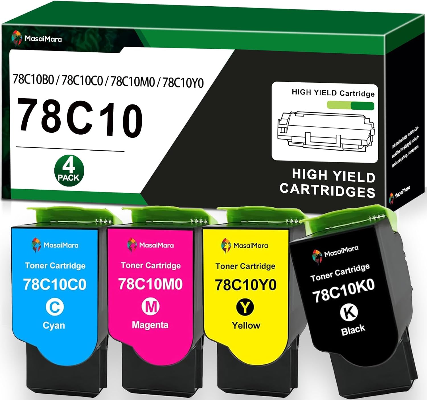 MasaiMara 78C10K0 78C10C0 78C10M0 78C10Y0 Compatible Toner Cartridge for Lexmark CS521 CS622 CS421 CX421 CX522 CX622 CX625 CS421dn CS521dn CS622de CX421adn CX522ade CX622ade CX625ade CX625adhe Printer
