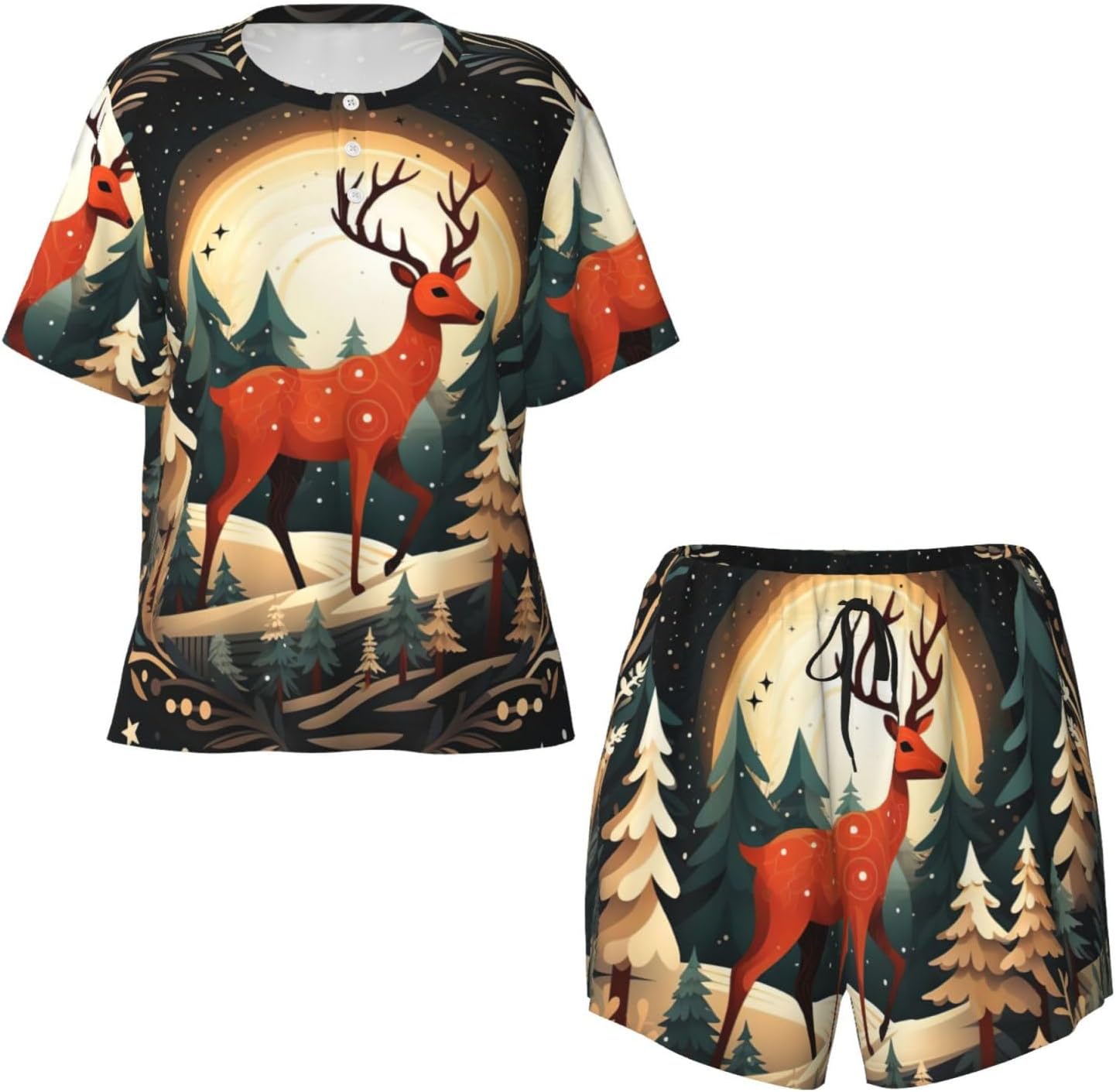 Merry Christmas Deer print Pajama Sets Short Sleeve Sleepwear Top and Pants Floral Printed Lounge Sets with Pockets