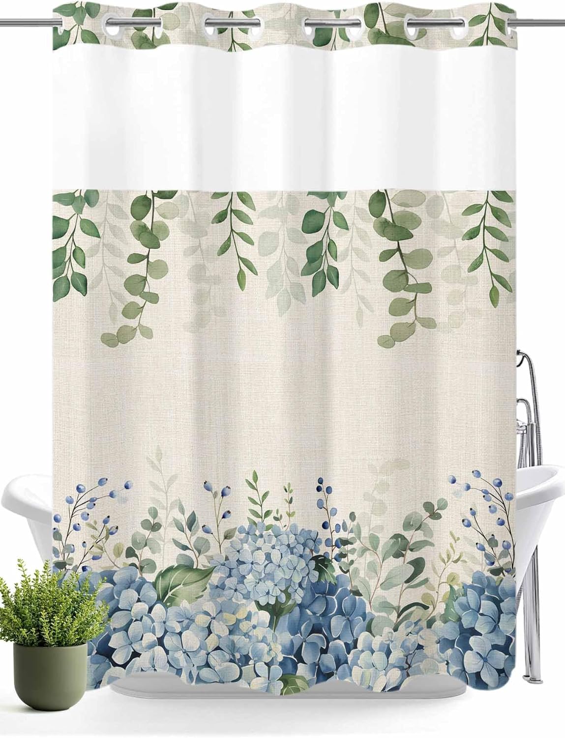 Spring Hydrangea No Hook Shower Curtain with Snap in Liner Blue Flower Green Leaf Vintage Linen Plant Shower Curtain for Bathroom, Fabric Waterproof Inner Liner with Mesh Top Window, 48x72