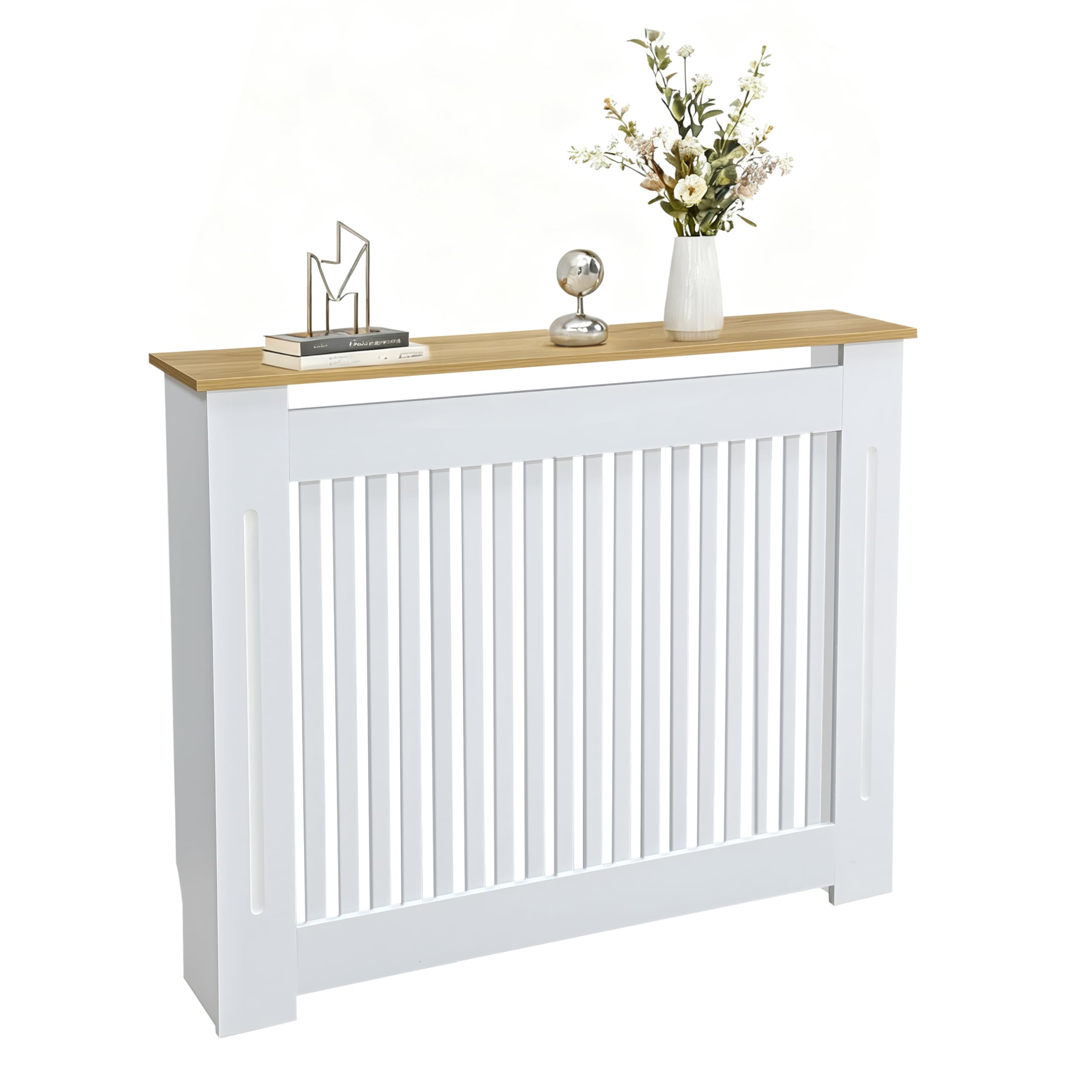 FATIVO Cubierta de Radiador Alta Blanca Moderna: 112x20x92.5cm Cubre Radiadores con Estante Superior de Madera MDF, Cubierta para Radiador Reforzada y Duradera para el Hogar u Oficina(Vertical)