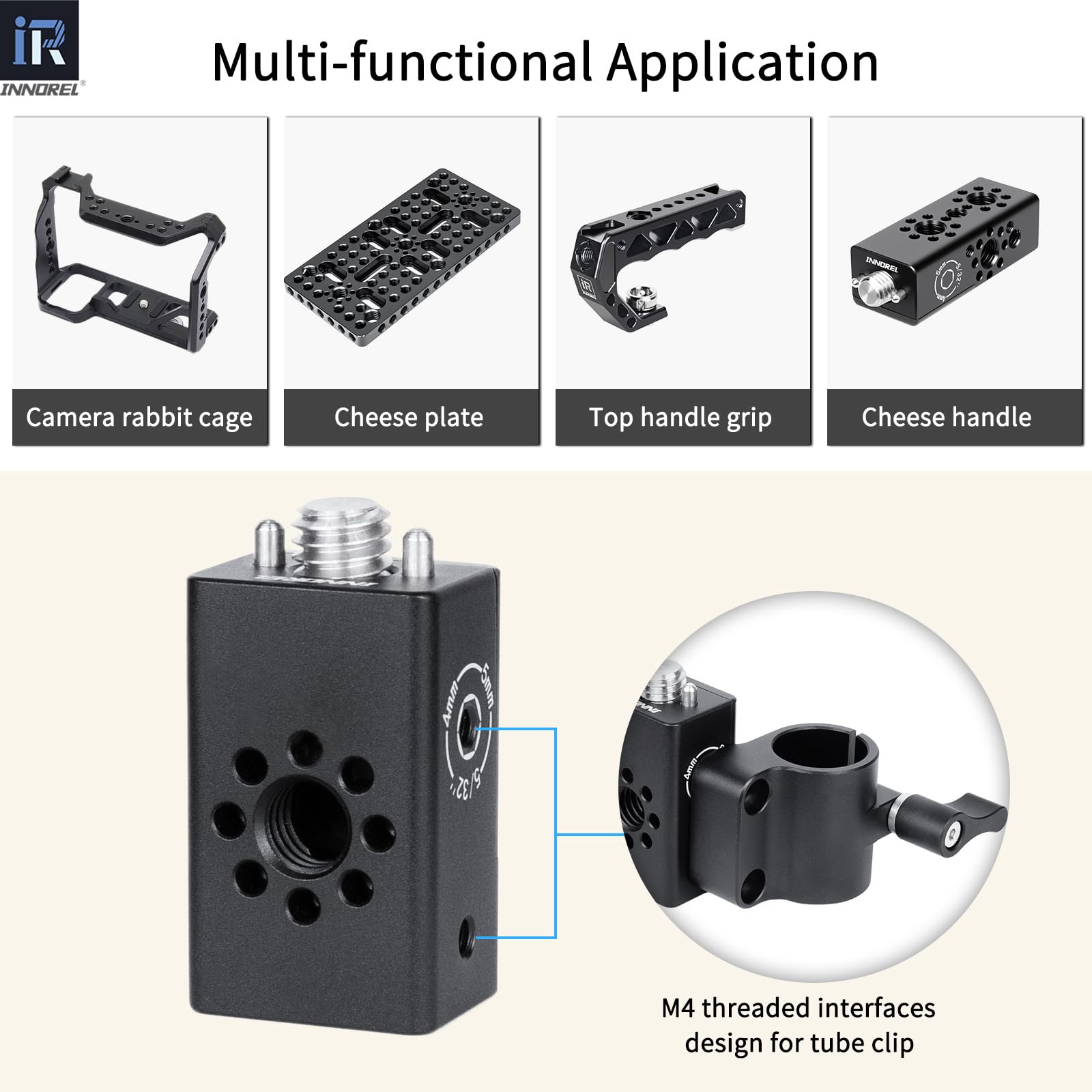 INNOREL CB1 Maniglia multifunzione in lega di alluminio CNC per videocamera,con fori di posizionamento Arri da 3/8" per telai di gabbie per videocamere, attrezzature video fai da te
