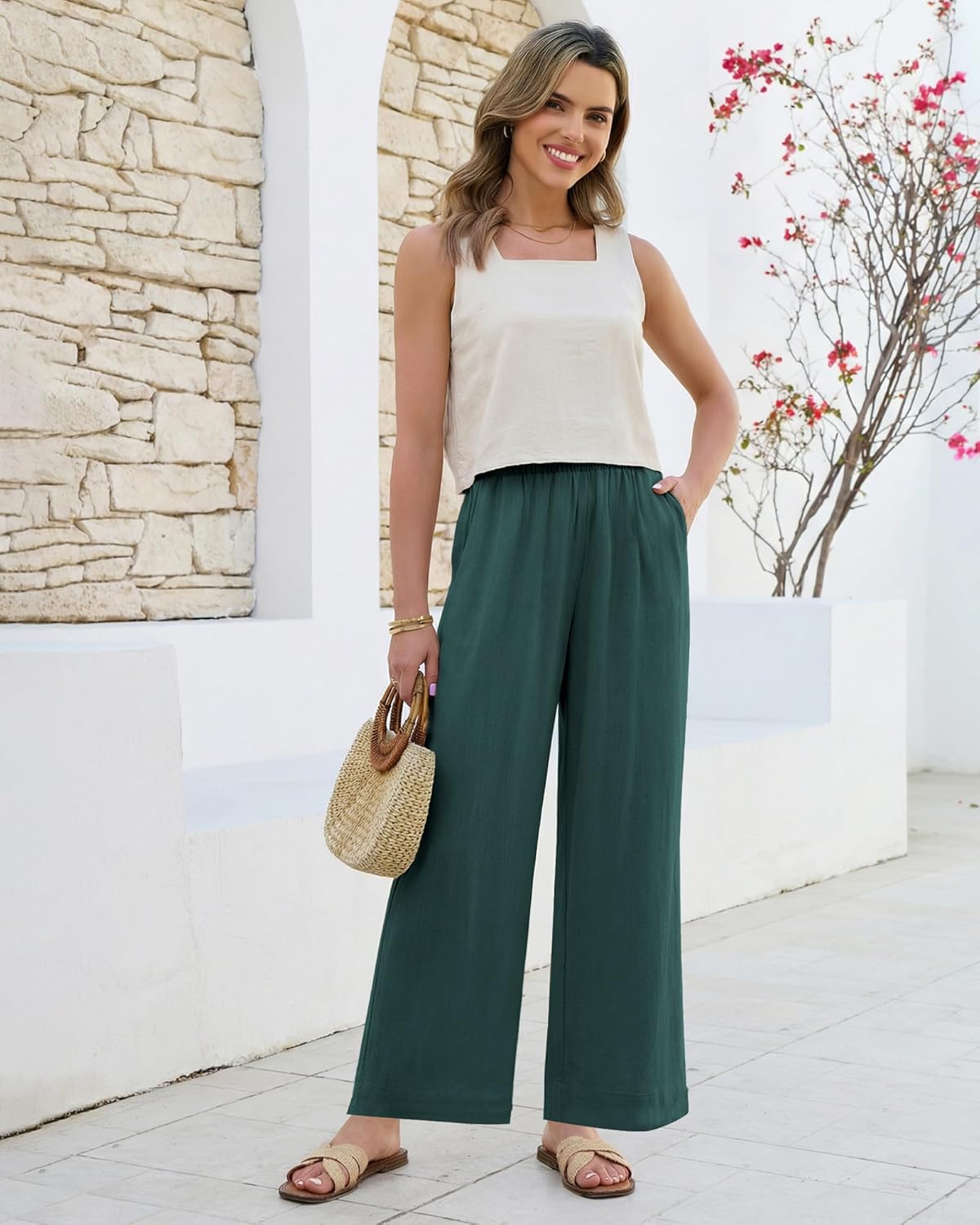 GRAPENT Linen Pants for Women Wide Leg High Waisted Paper Bag Smocked Waist Casual Summer Beach Vacation Palazzo Pants - Image 4